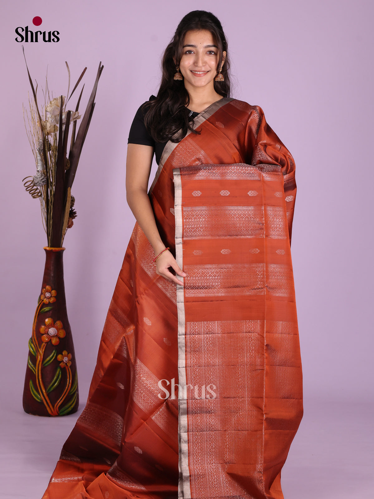 Regal Brick Soft Silk Saree With Zari Buttas, Stripes & Brocade Pallu