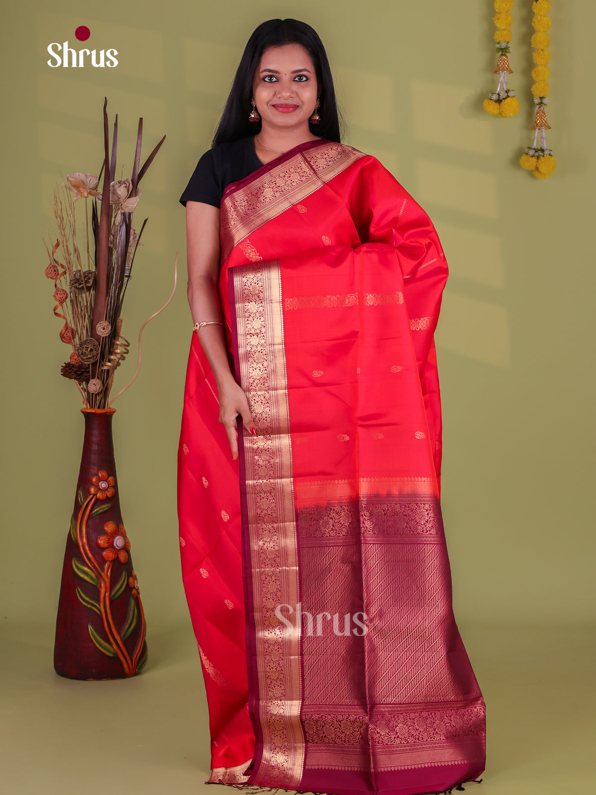 Bright Coral Red Soft Silk Sarees With Gold Zari Woven Stripes, Buttas, Deep Maroon Border & Brocade Pallu