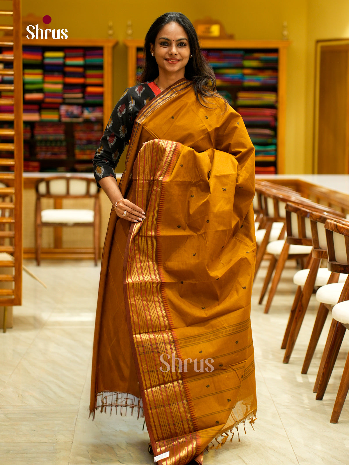 Bright Dark Mustard Chettinad Cotton Saree With Thread Buttas & Brown Temple Zari Border
