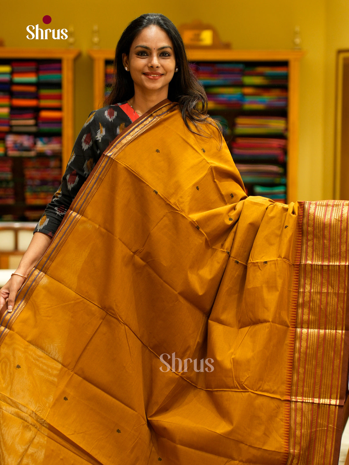 Bright Dark Mustard Chettinad Cotton Sarees With Thread Buttas & Brown Temple Zari Border