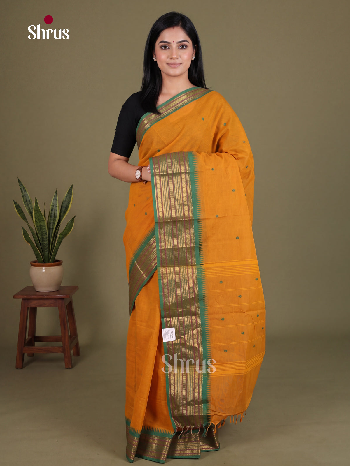 Bright Mustard Chettinad Cotton Saree With Thread Buttas & Teal Zari Striped Border