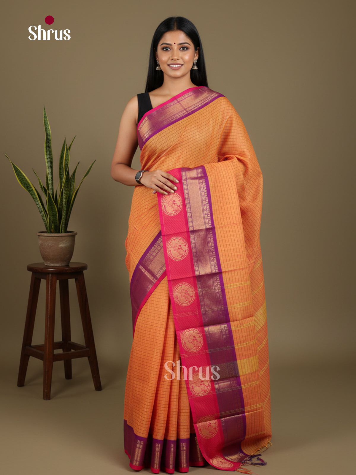 Bright Orange Chettinad Cotton Saree With Micro Checks & Pink Purple Zari Woven Border