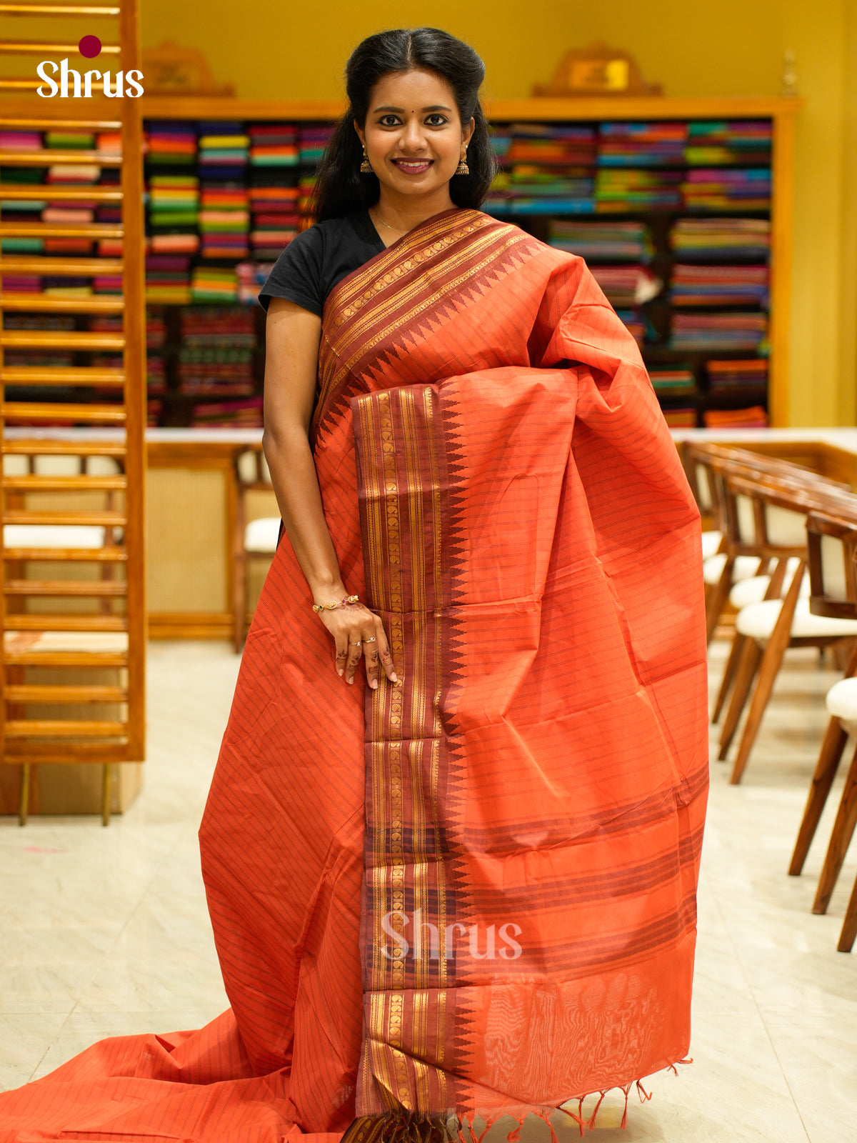 Bright Orange Chettinad Cotton Saree With Woven Stripes & Brown Temple Zari Border