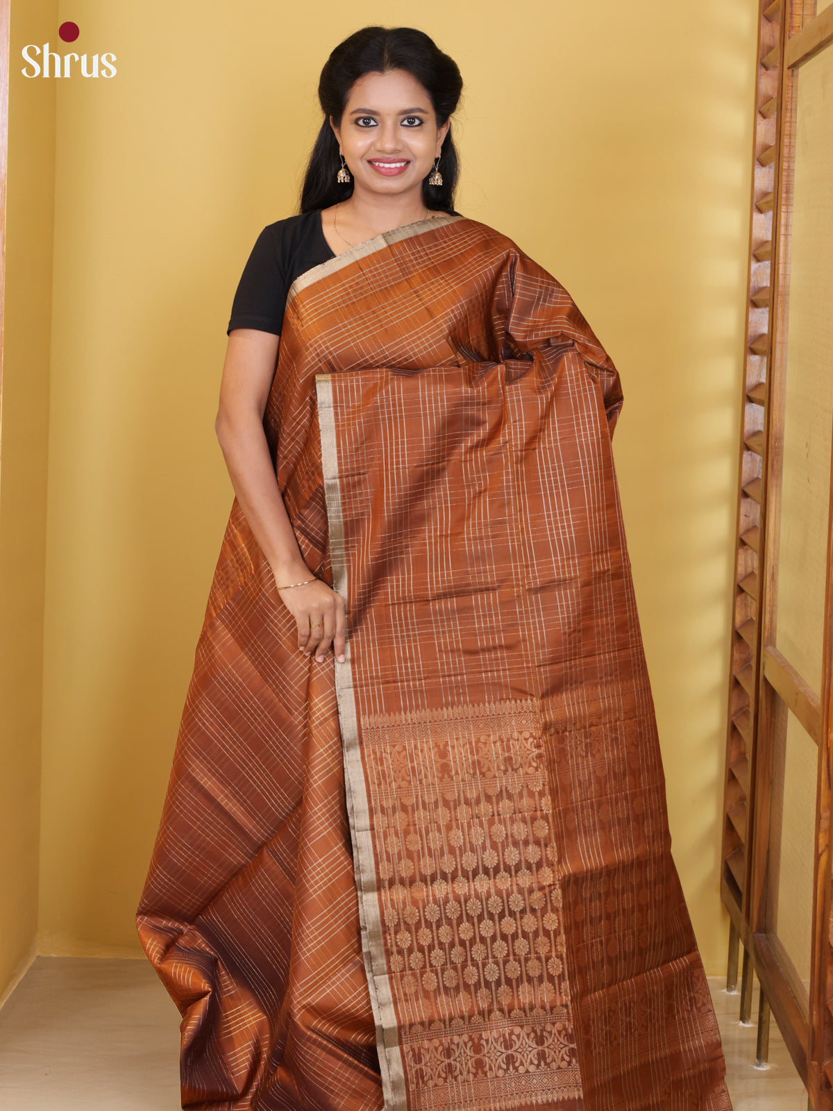 Buy Classic Brown Soft Silk Saree with Zari Checks, Kaddi Border & Brocade Pallu