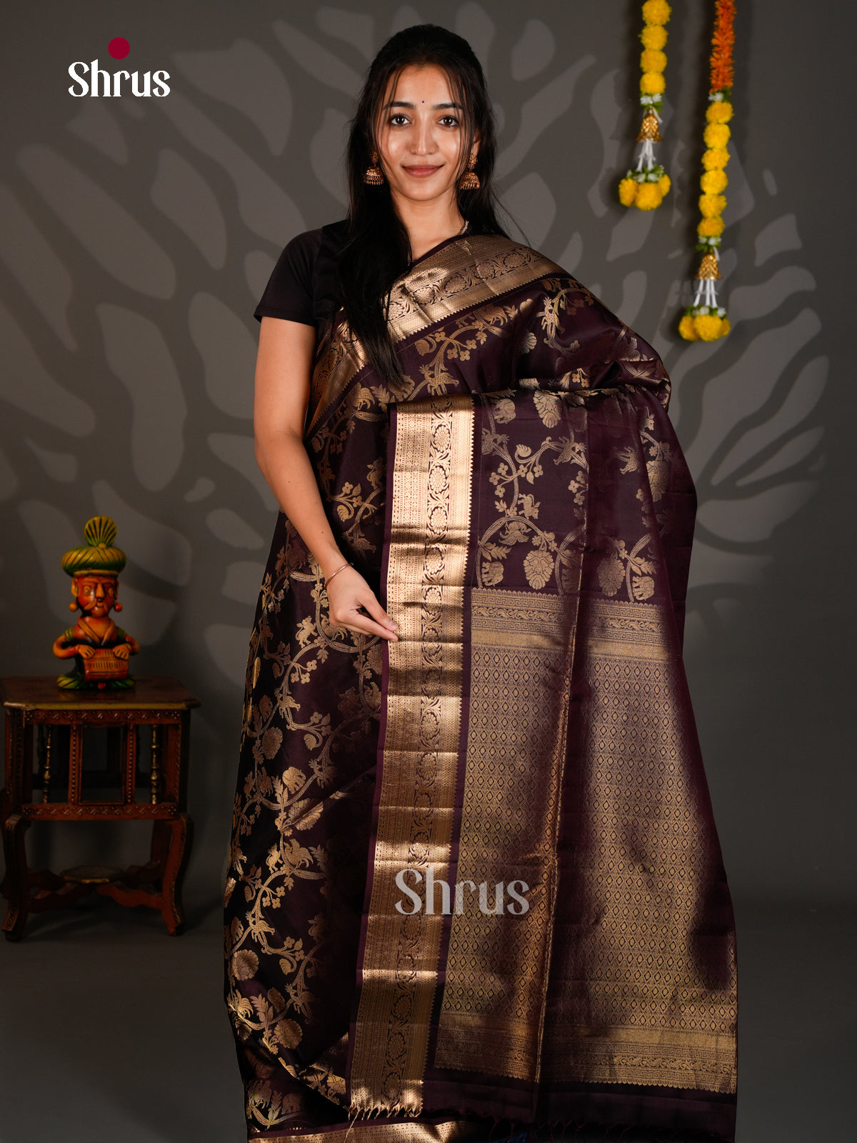 Buy Classic Burgundy Soft Silk Saree with Big Floral Vines Nestling, Zari Border & Brocade Pallu