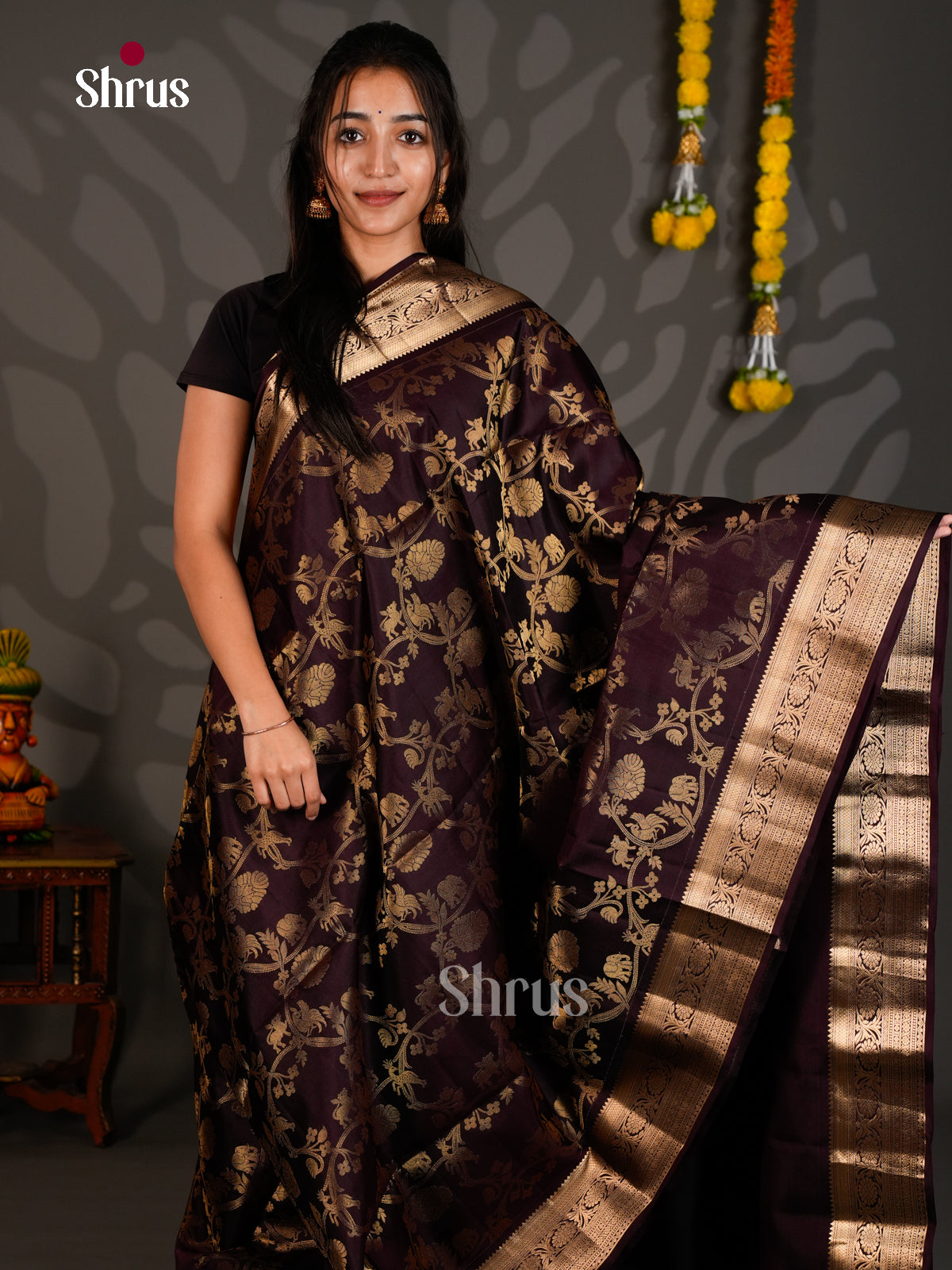 Buy Classic Burgundy Soft Silk Sarees with Big Floral Vines Nestling, Zari Border & Brocade Pallu