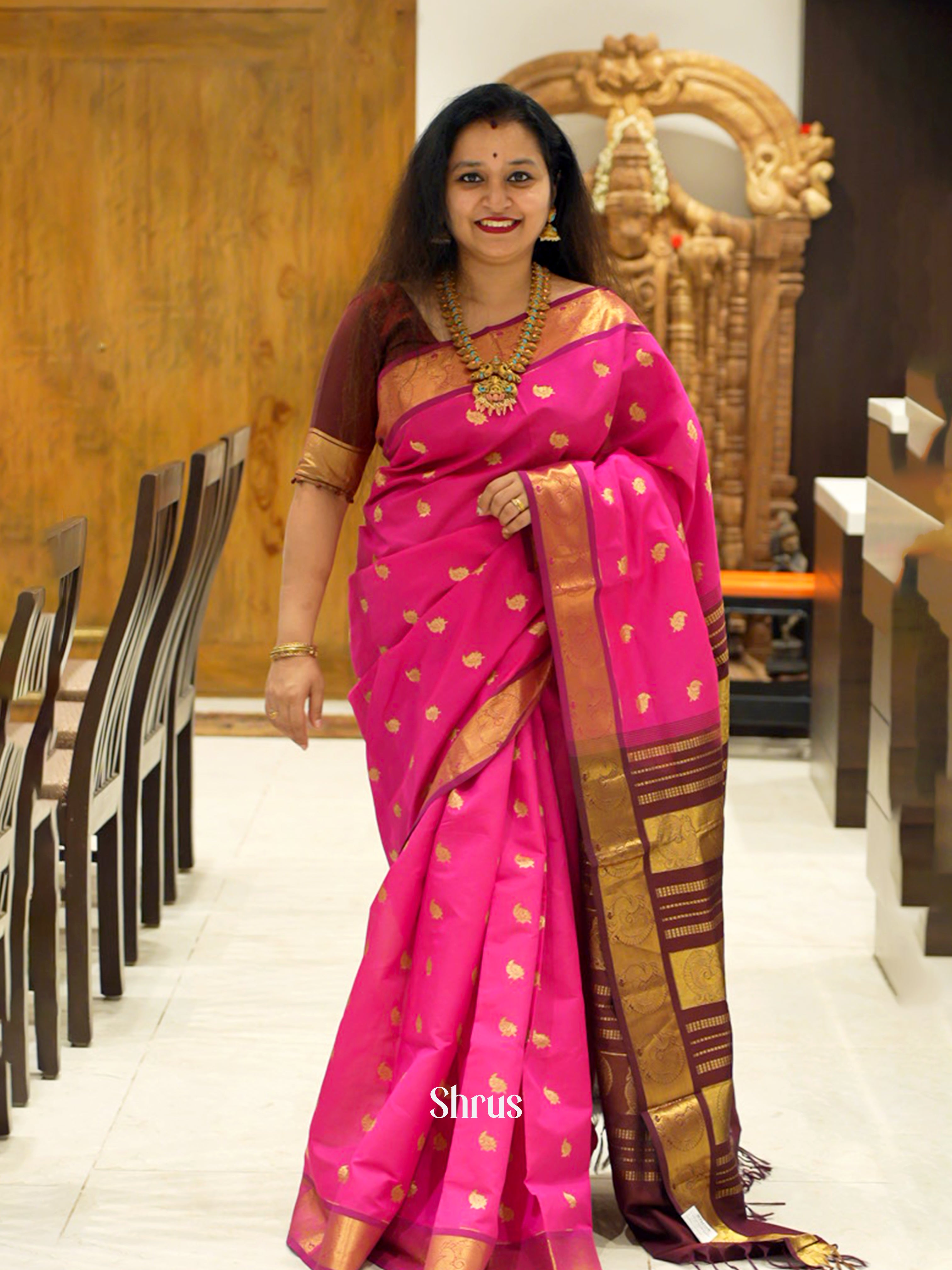 Pink And Deep Wine- Silk Cotton half-pure saree - Shop on ShrusEternity.com