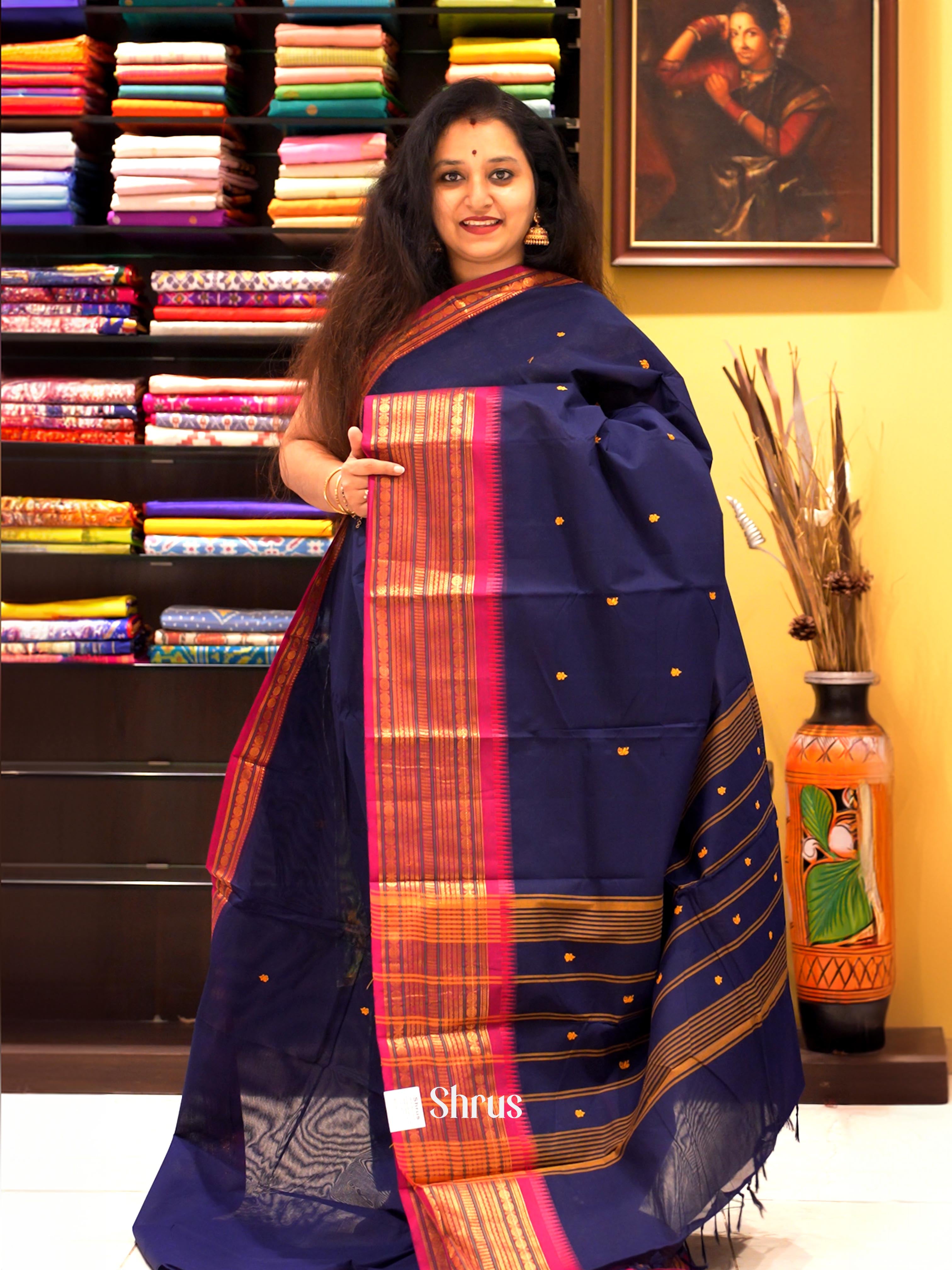 Blue & Pink -Chettinad Cotton Saree - Shop on ShrusEternity.com