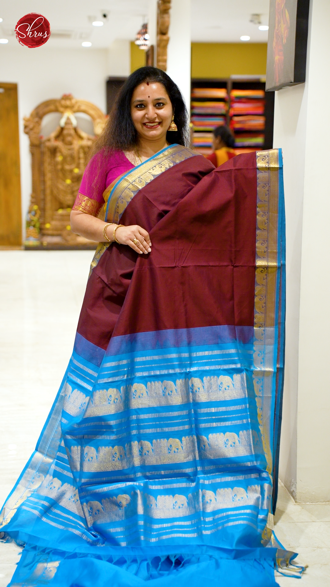 Majenta Pink & Blue- Silk Cotton Half-pure Saree - Shop on ShrusEternity.com