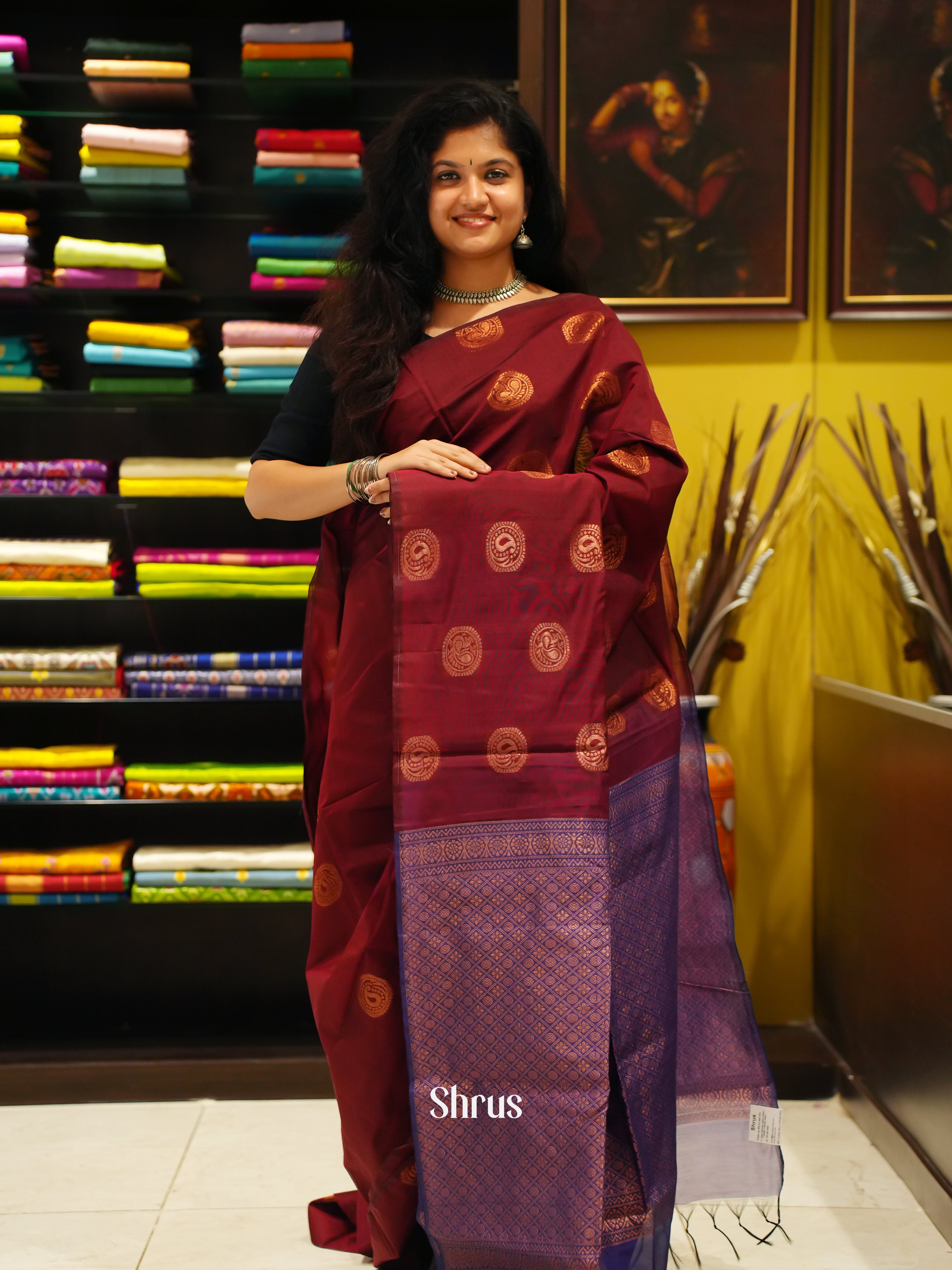 Maroon & Blue - Semi Silkcotton Saree - Shop on ShrusEternity.com