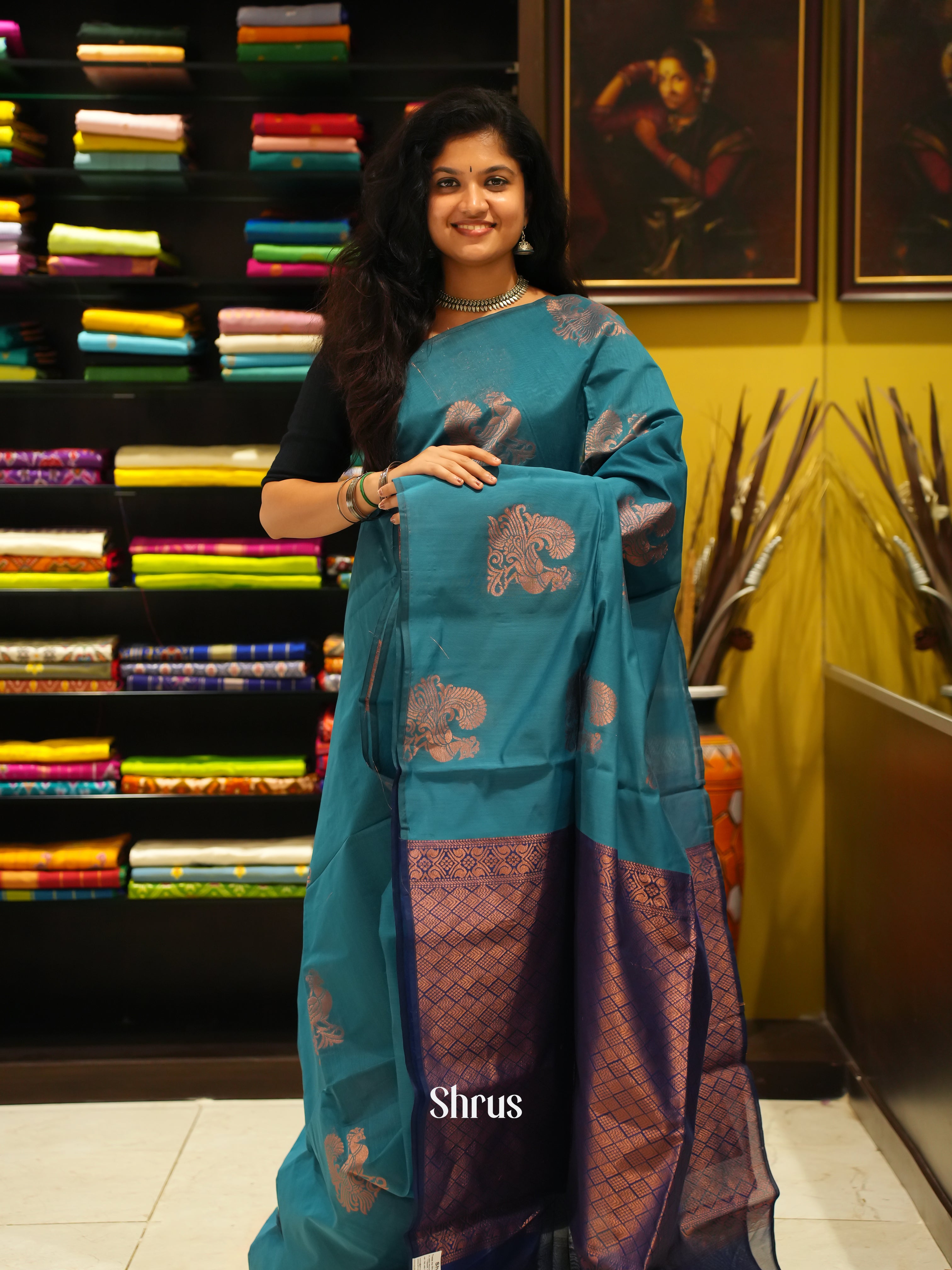 Teal & Blue -Semi Silkcotton Saree - Shop on ShrusEternity.com
