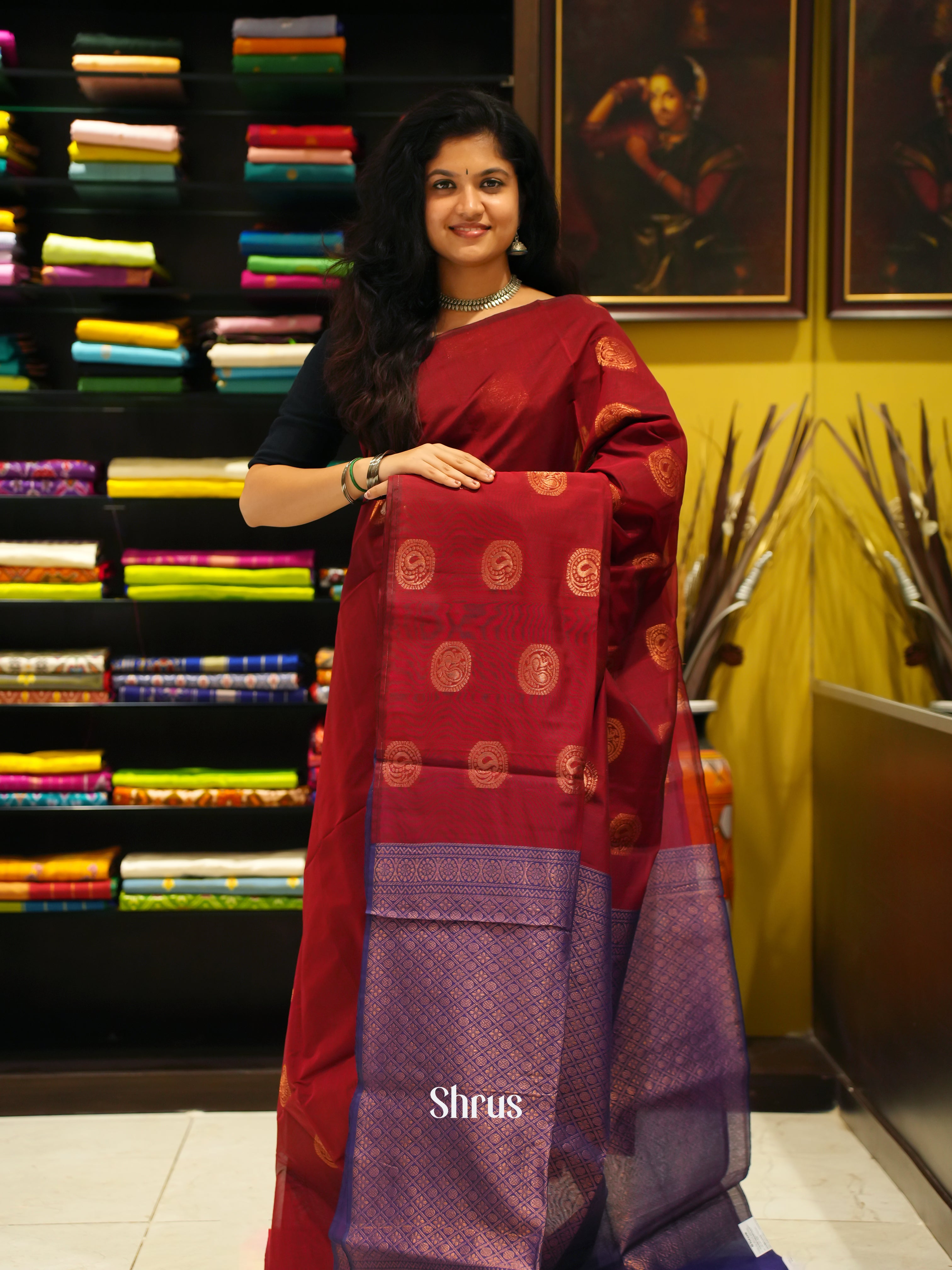Maroon & Blue -Semi Silkcotton Saree - Shop on ShrusEternity.com