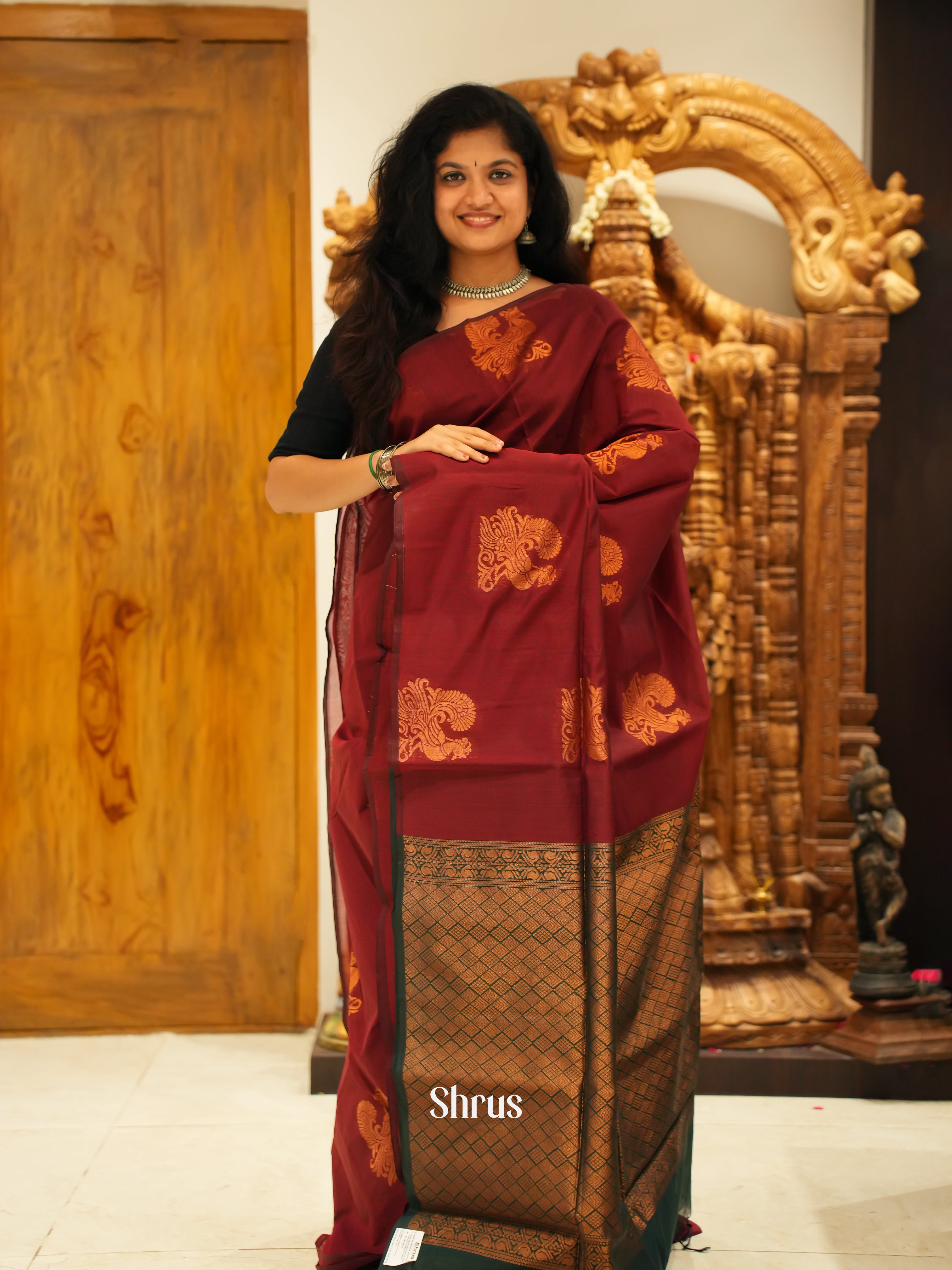 Maroon & Green -Semi Silkcotton Saree - Shop on ShrusEternity.com