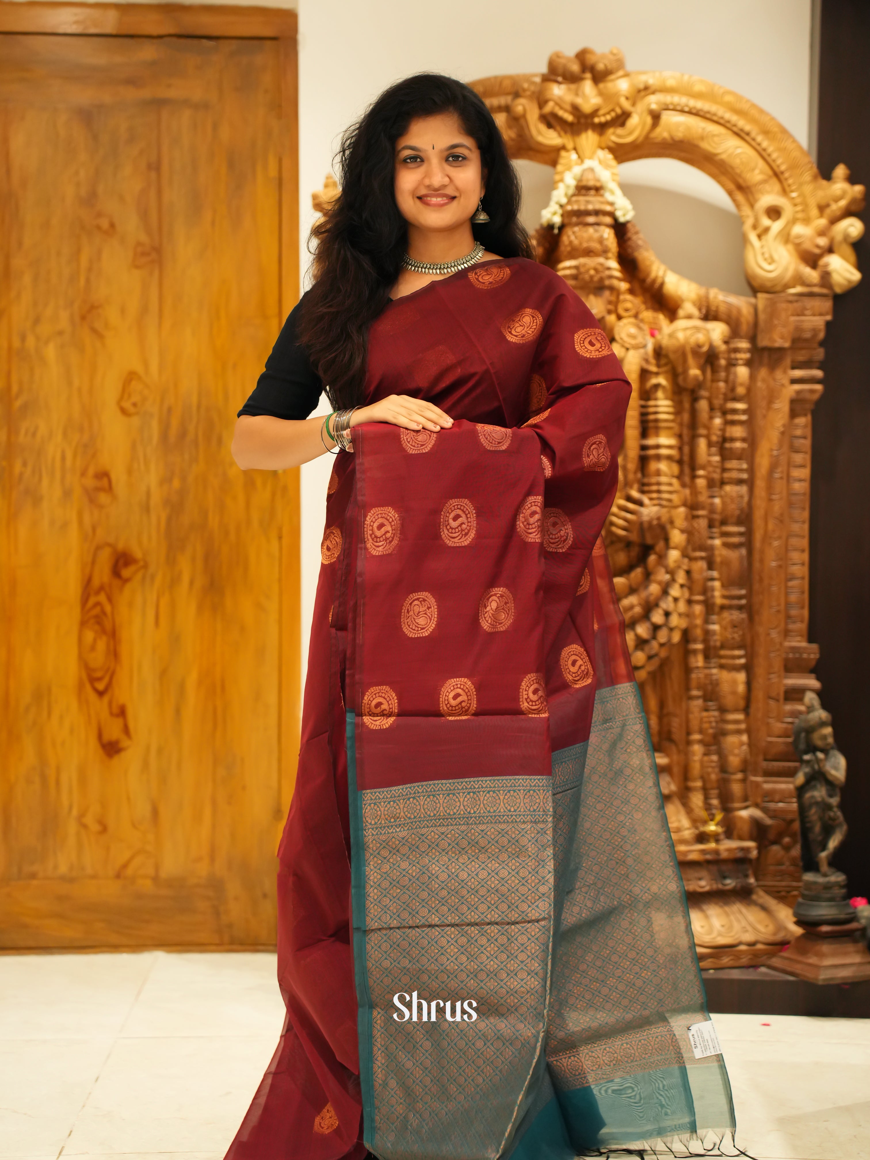 Maroon & Green -Semi Silkcotton Saree - Shop on ShrusEternity.com