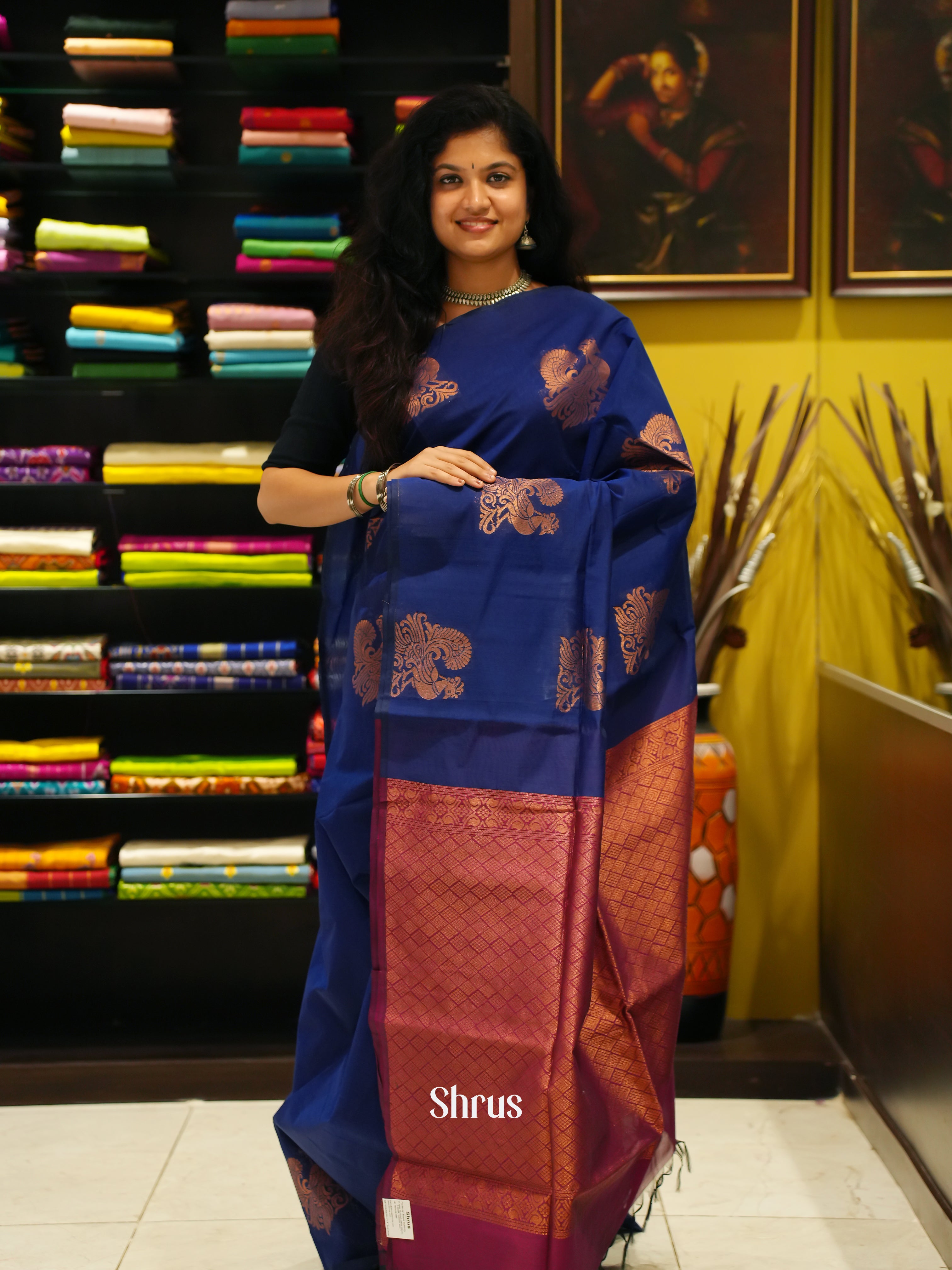 Blue And Majenta Pink- Semi Silk Cotton Saree - Shop on ShrusEternity.com