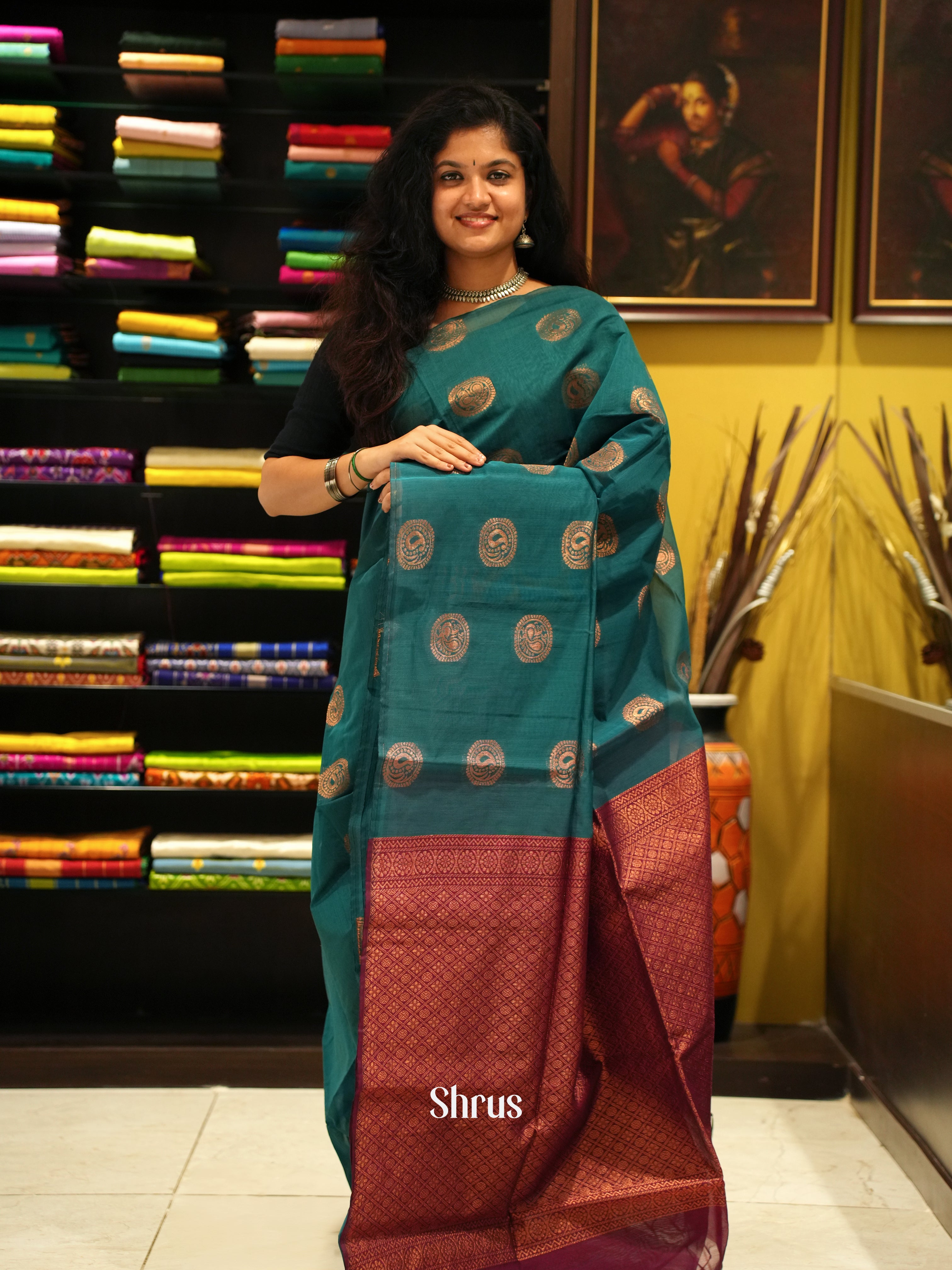 Green And Arakku Maroon- Semi Silk Cotton Saree - Shop on ShrusEternity.com