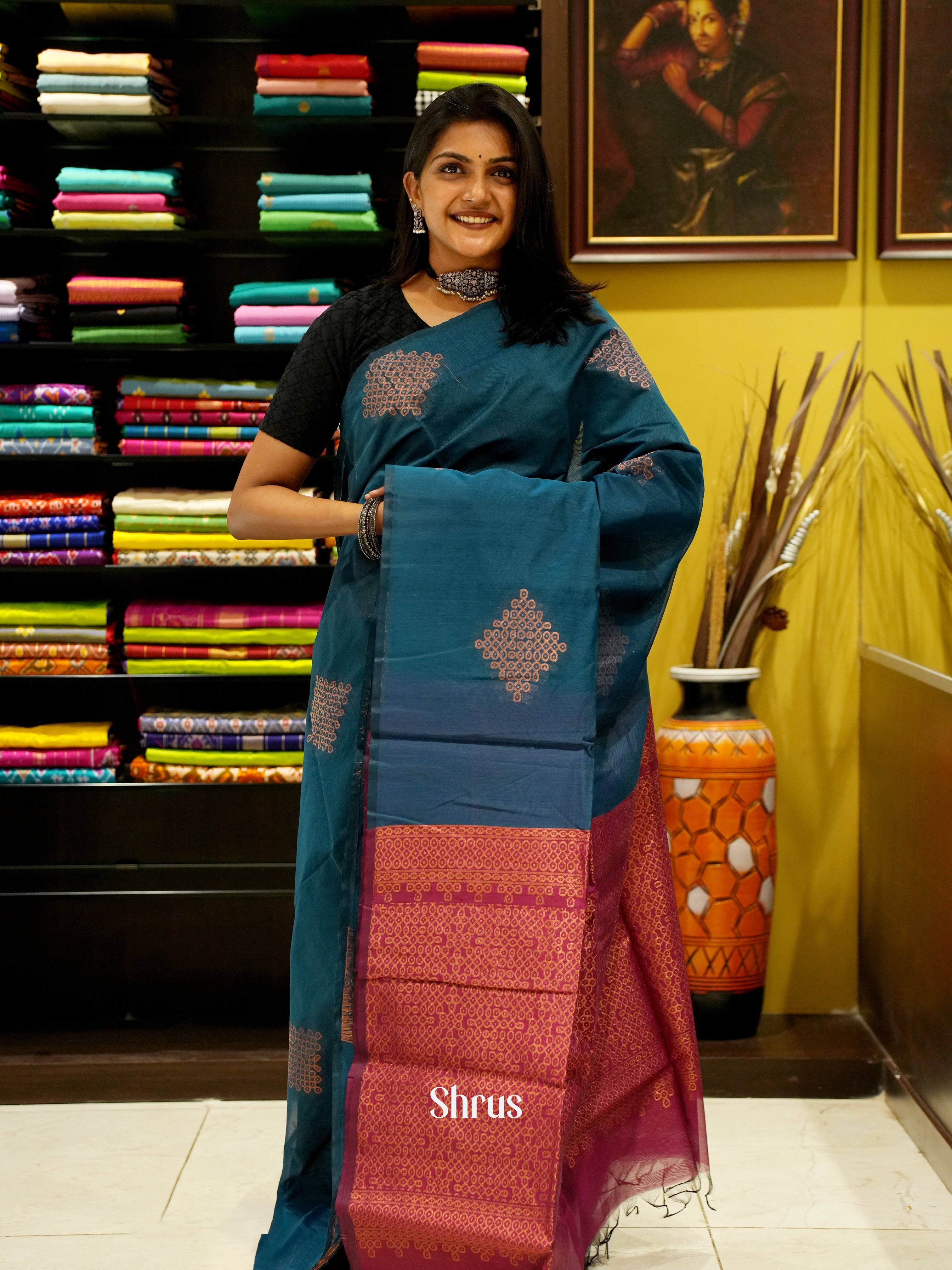 Blue And Majenta Pink- Semi Silk Cotton saree - Shop on ShrusEternity.com
