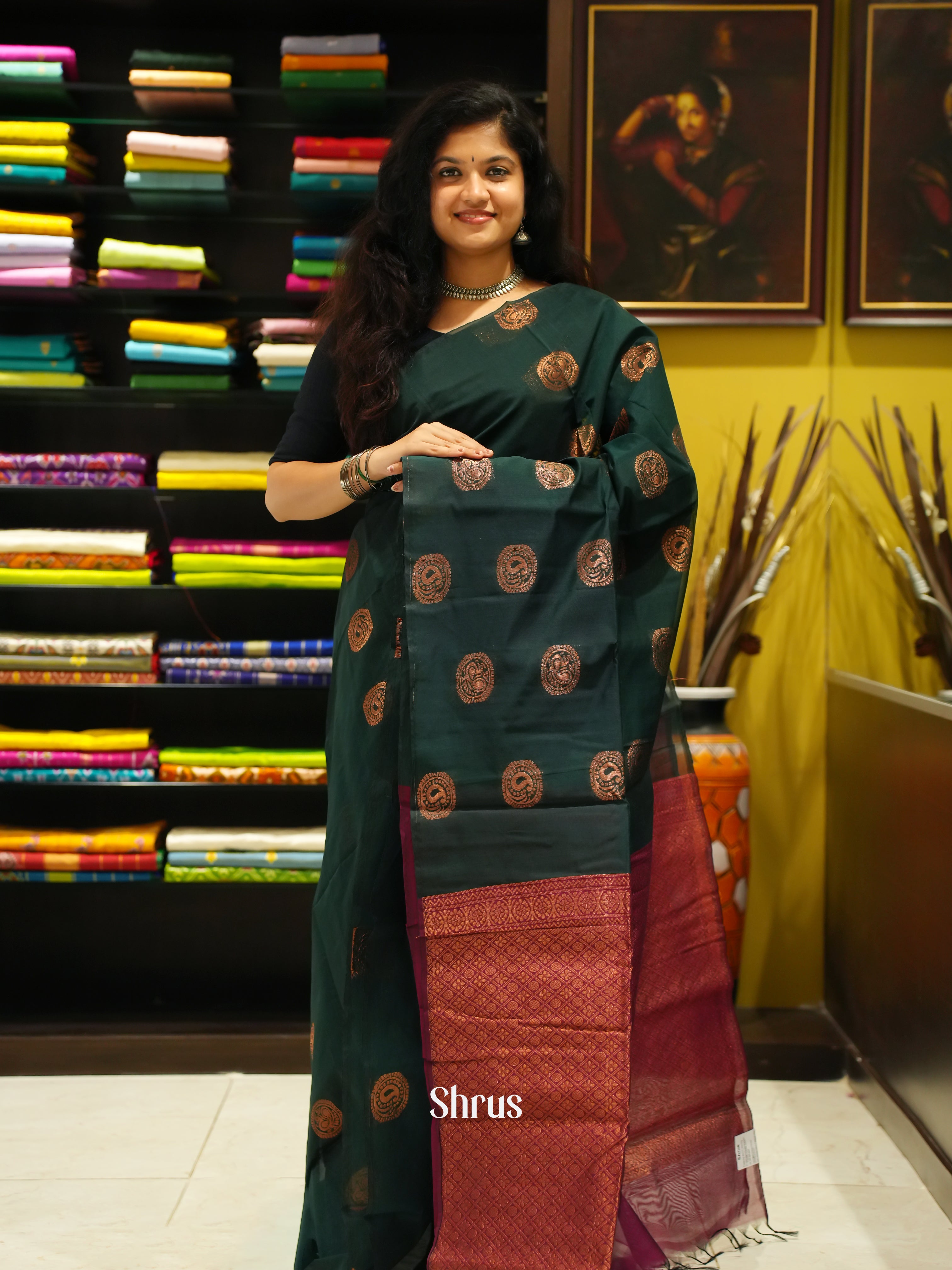 Green And Maroon- Semi Silk Cotton Saree - Shop on ShrusEternity.com
