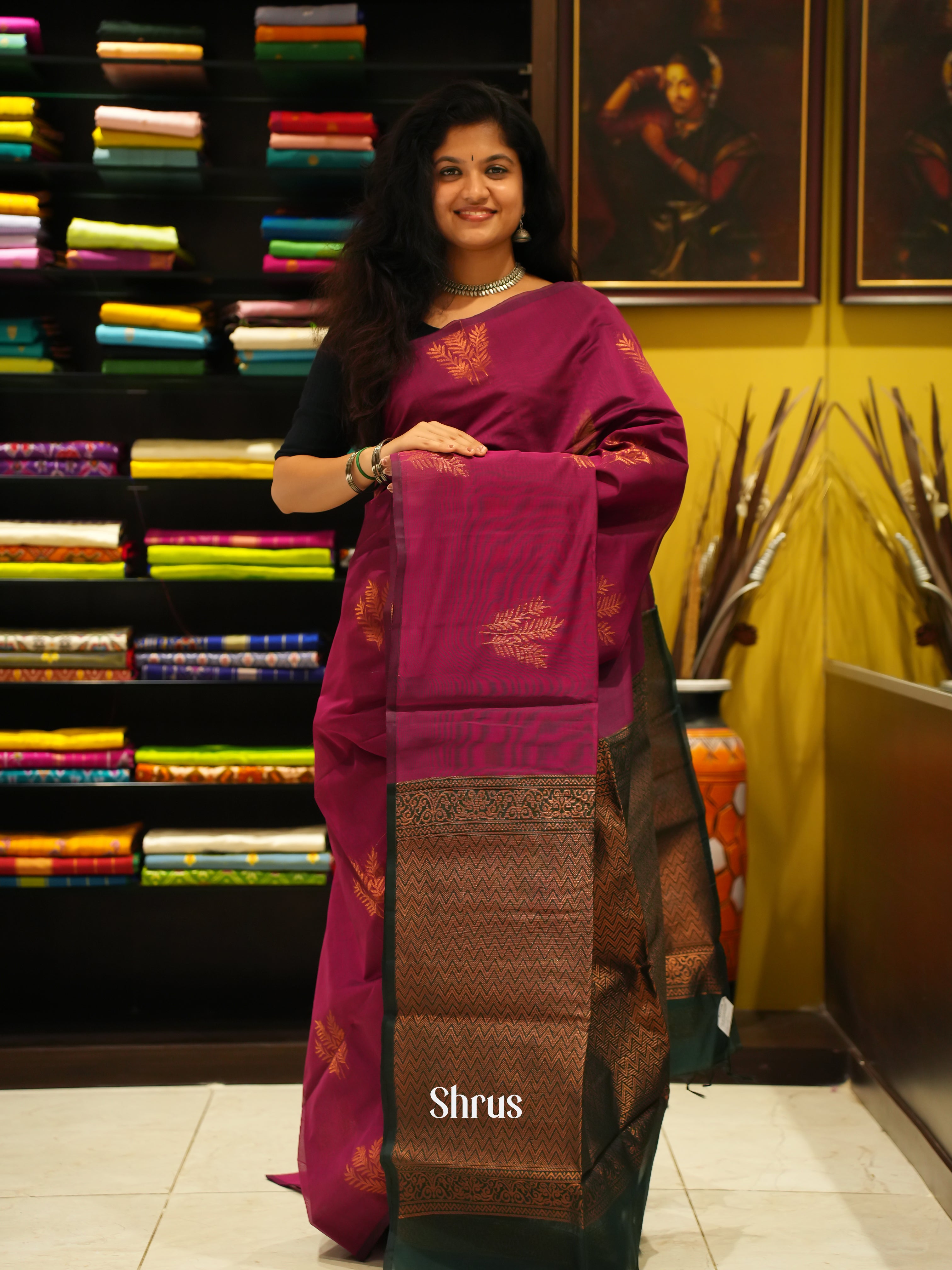 Majenta Pink And Green- Semi Silk Cotton Saree - Shop on ShrusEternity.com