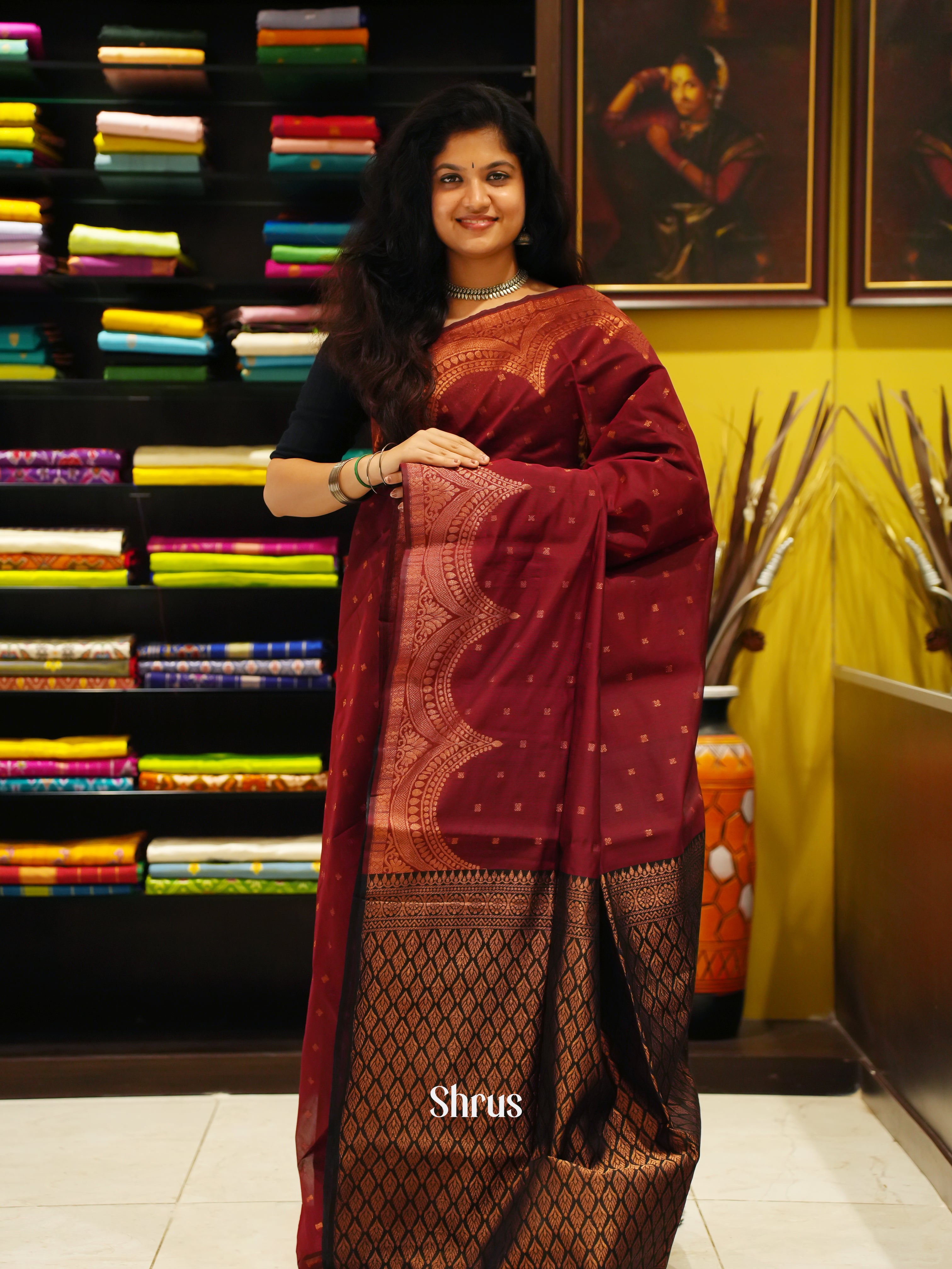 Maroon & Black -Semi Silkcotton Saree - Shop on ShrusEternity.com