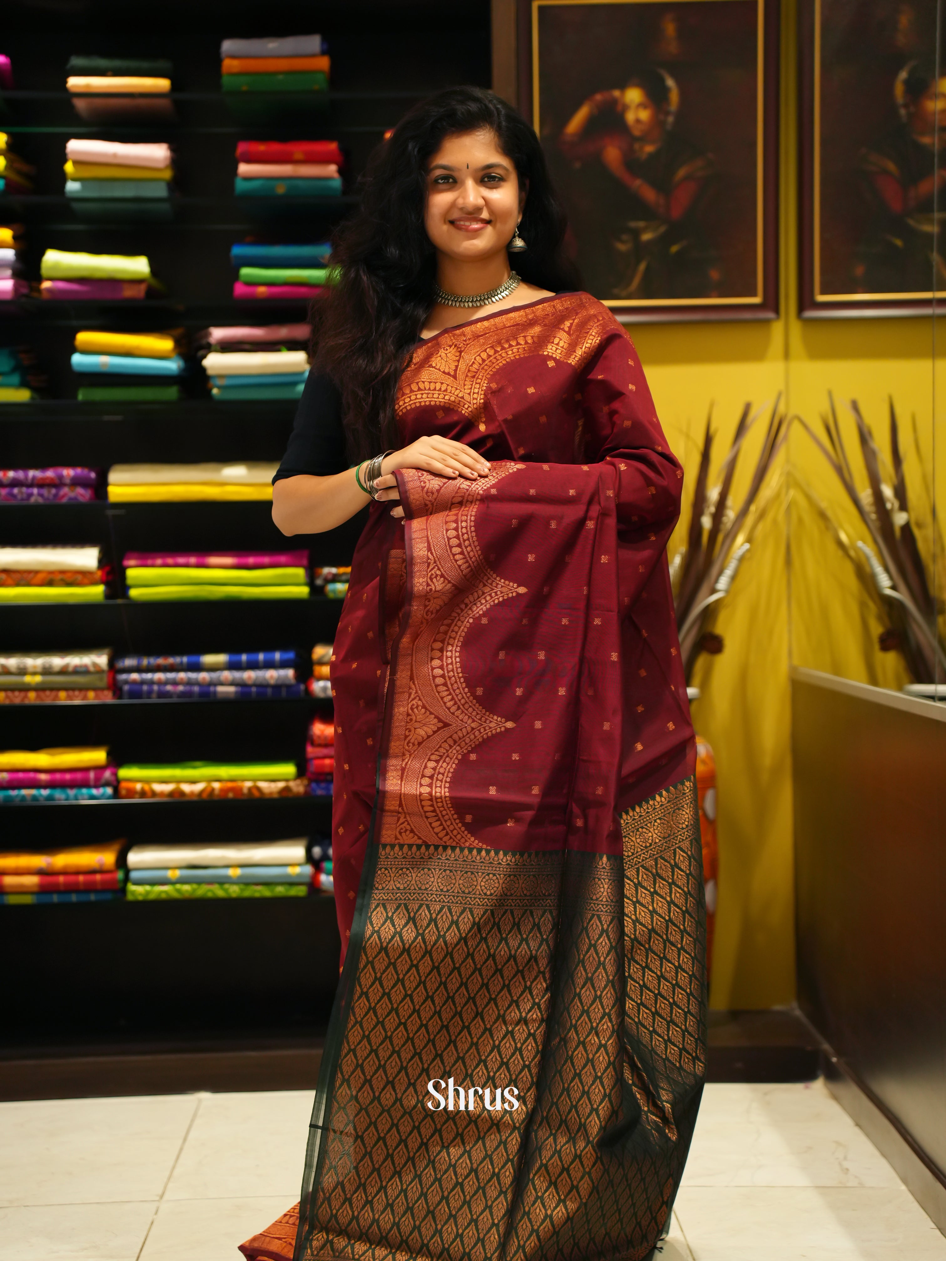 Arraku Maroon And Green- Semi Silk Cotton Saree - Shop on ShrusEternity.com