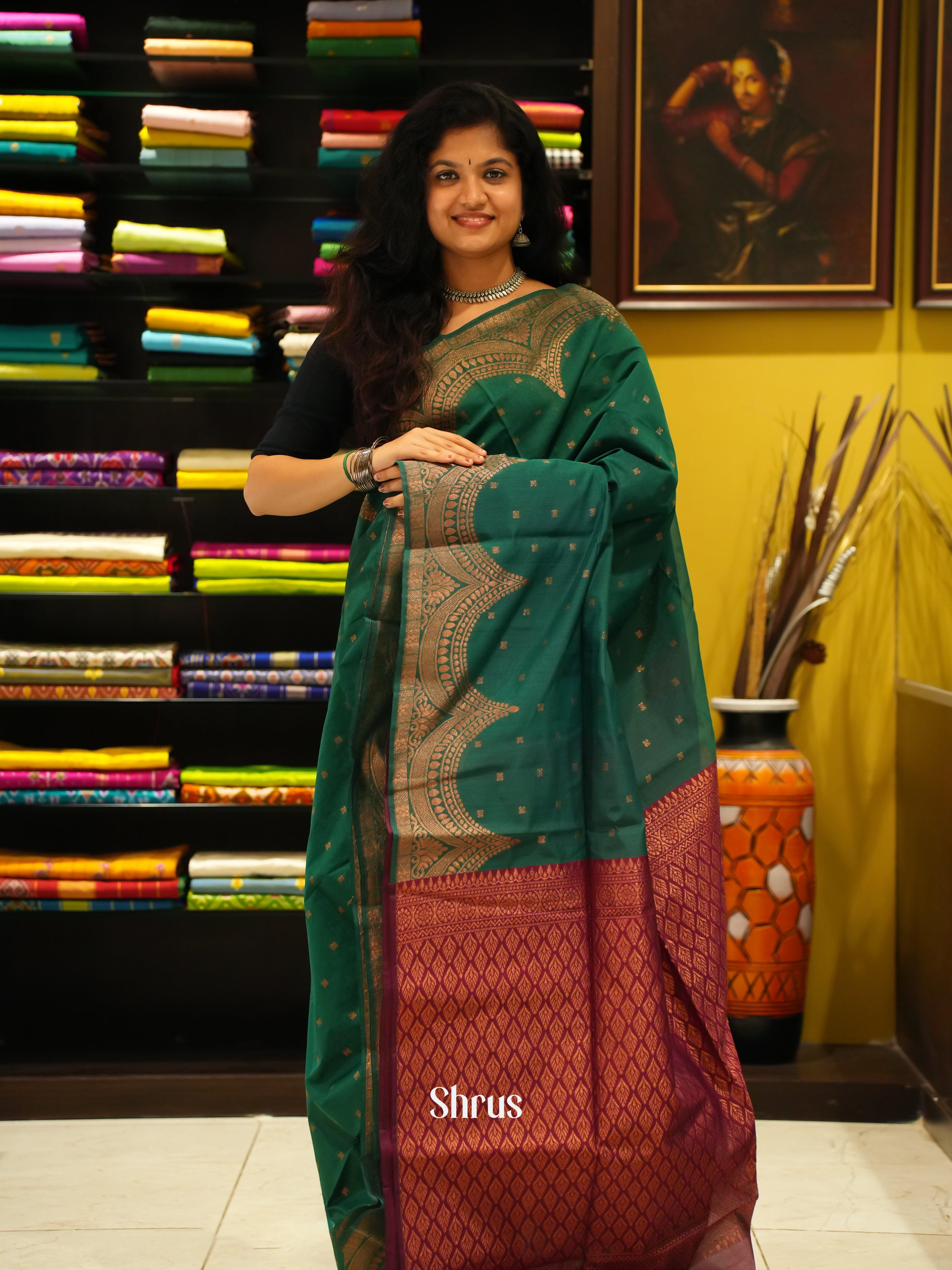 Green And Maroon- Semi Silk Cotton saree - Shop on ShrusEternity.com