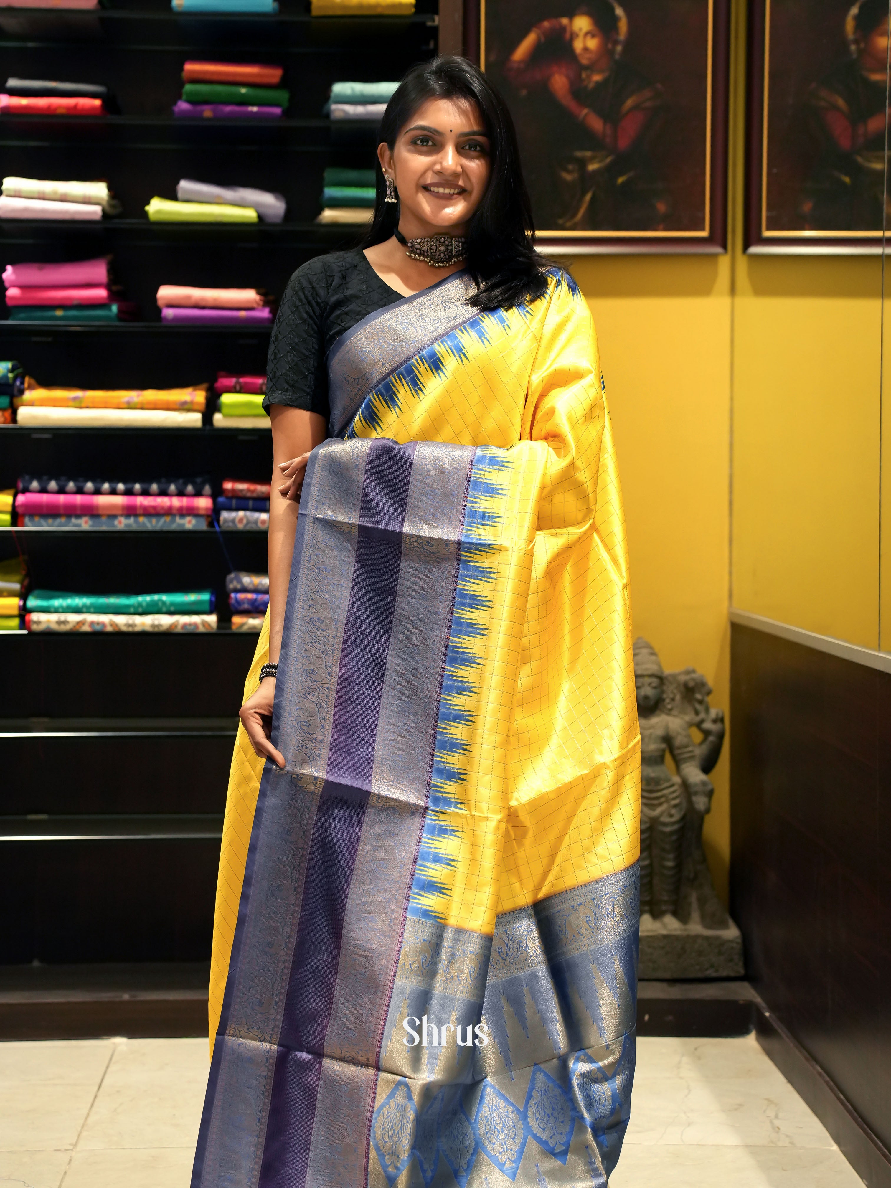 Yellow And Blue - Semi Dupion Saree - Shop on ShrusEternity.com