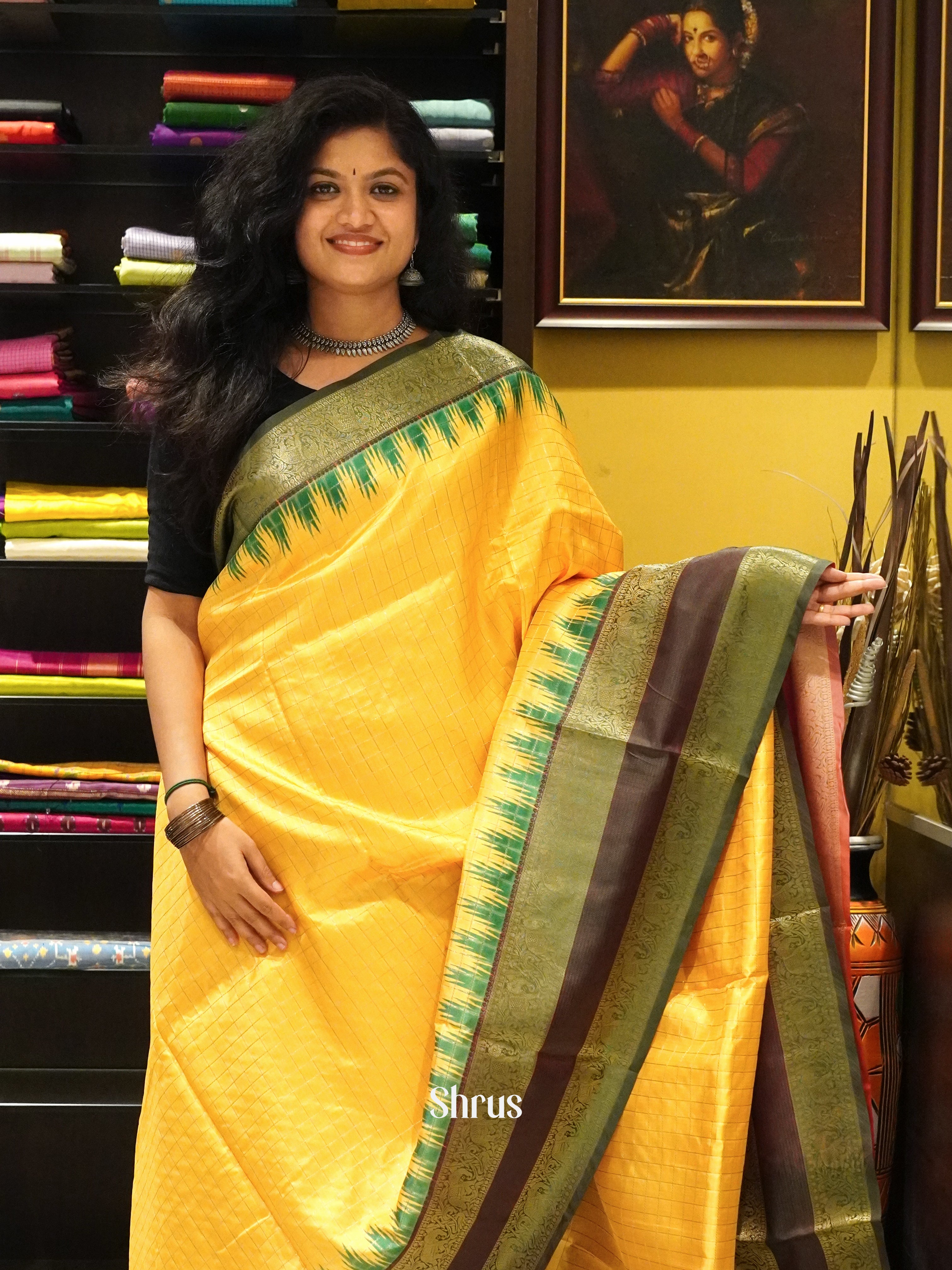 Yellow And Green - Semi Dupion Saree - Shop on ShrusEternity.com