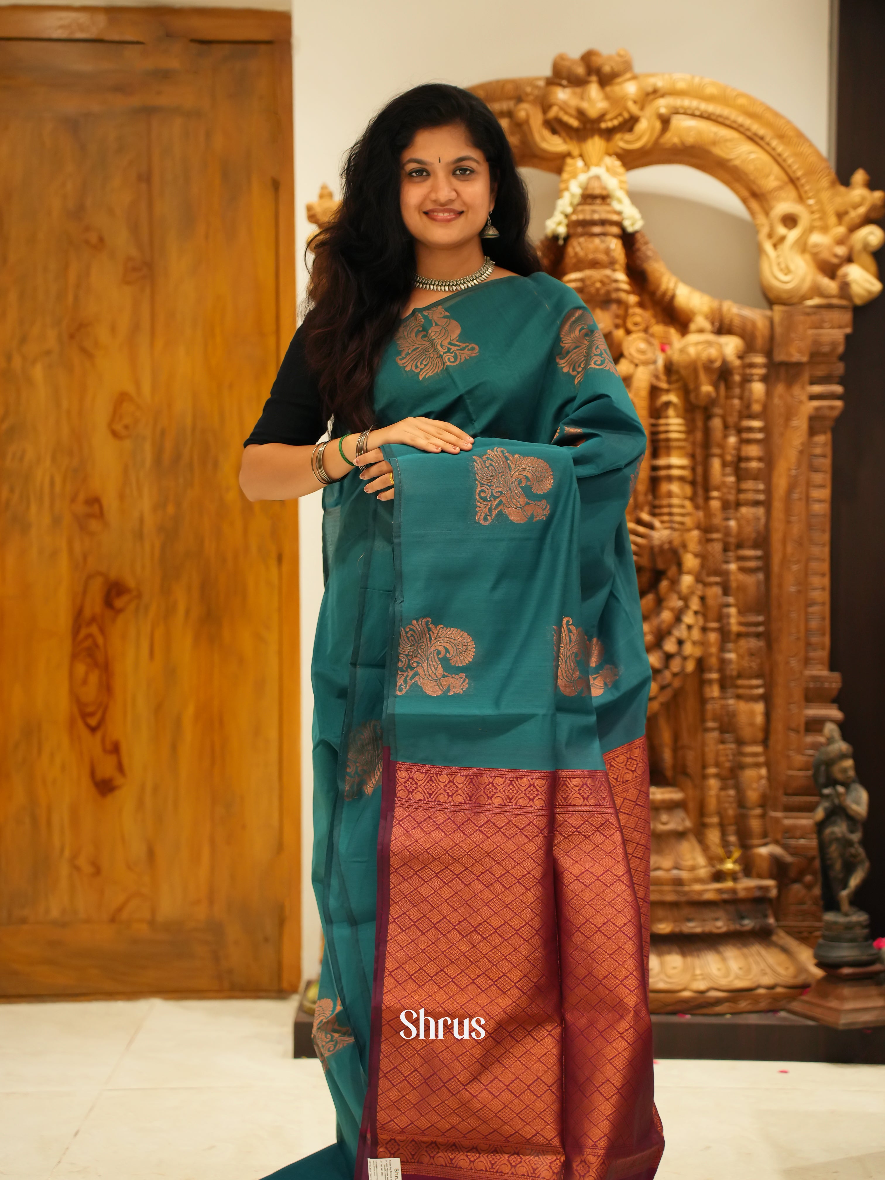 Teal & Maroon - Semi Silkcotton Saree - Shop on ShrusEternity.com