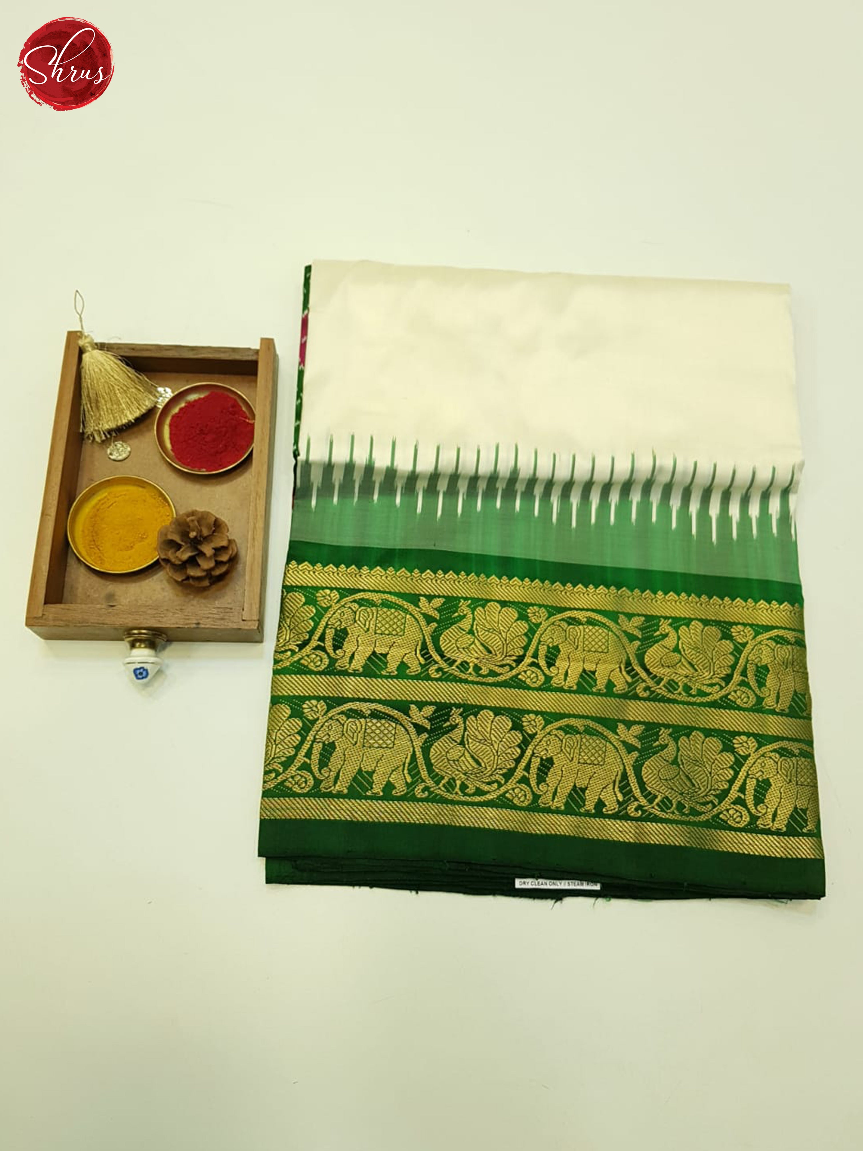 Cream And Green - Ikkat Silk Saree - Shop on ShrusEternity.com