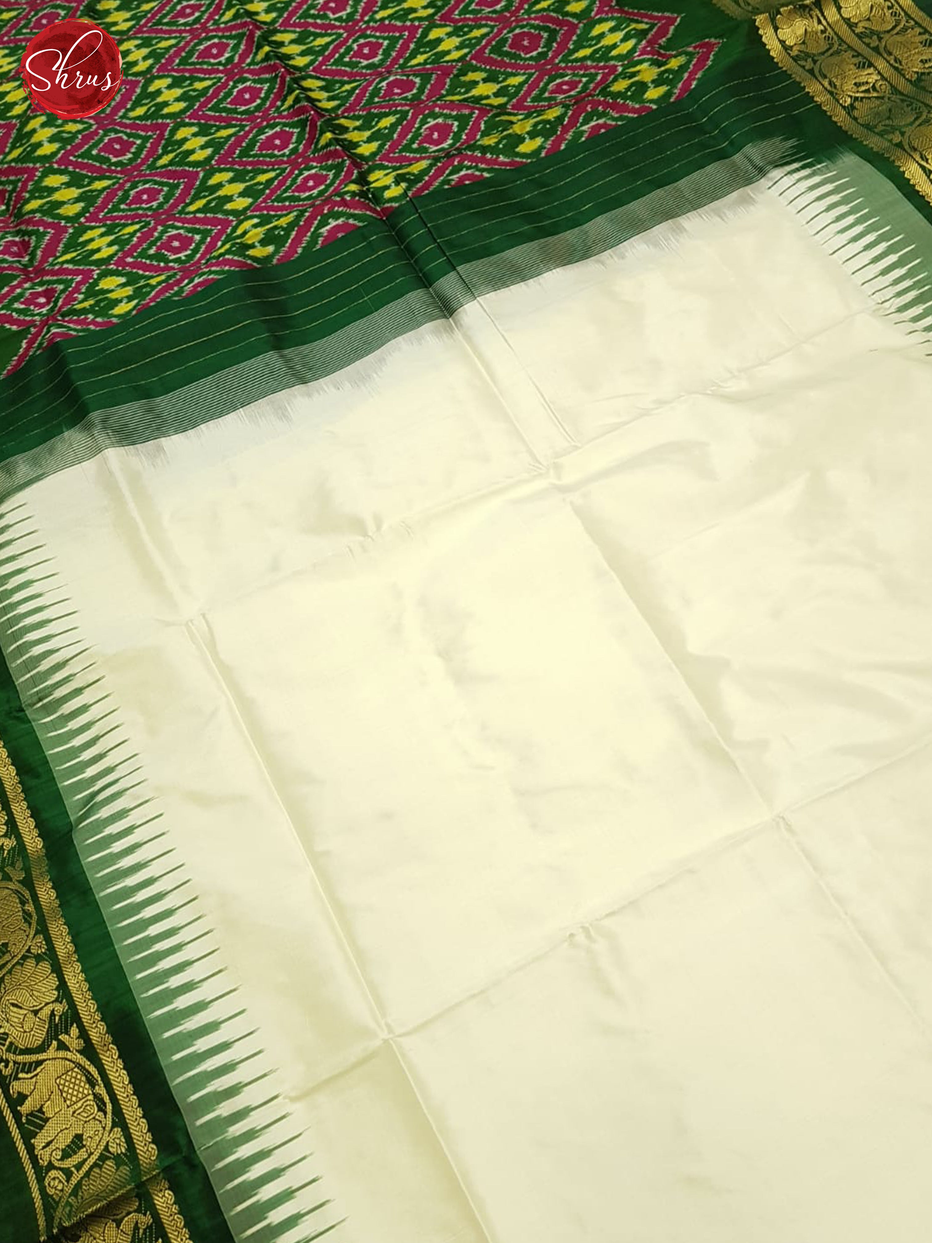 Cream And Green - Ikkat Silk Saree - Shop on ShrusEternity.com