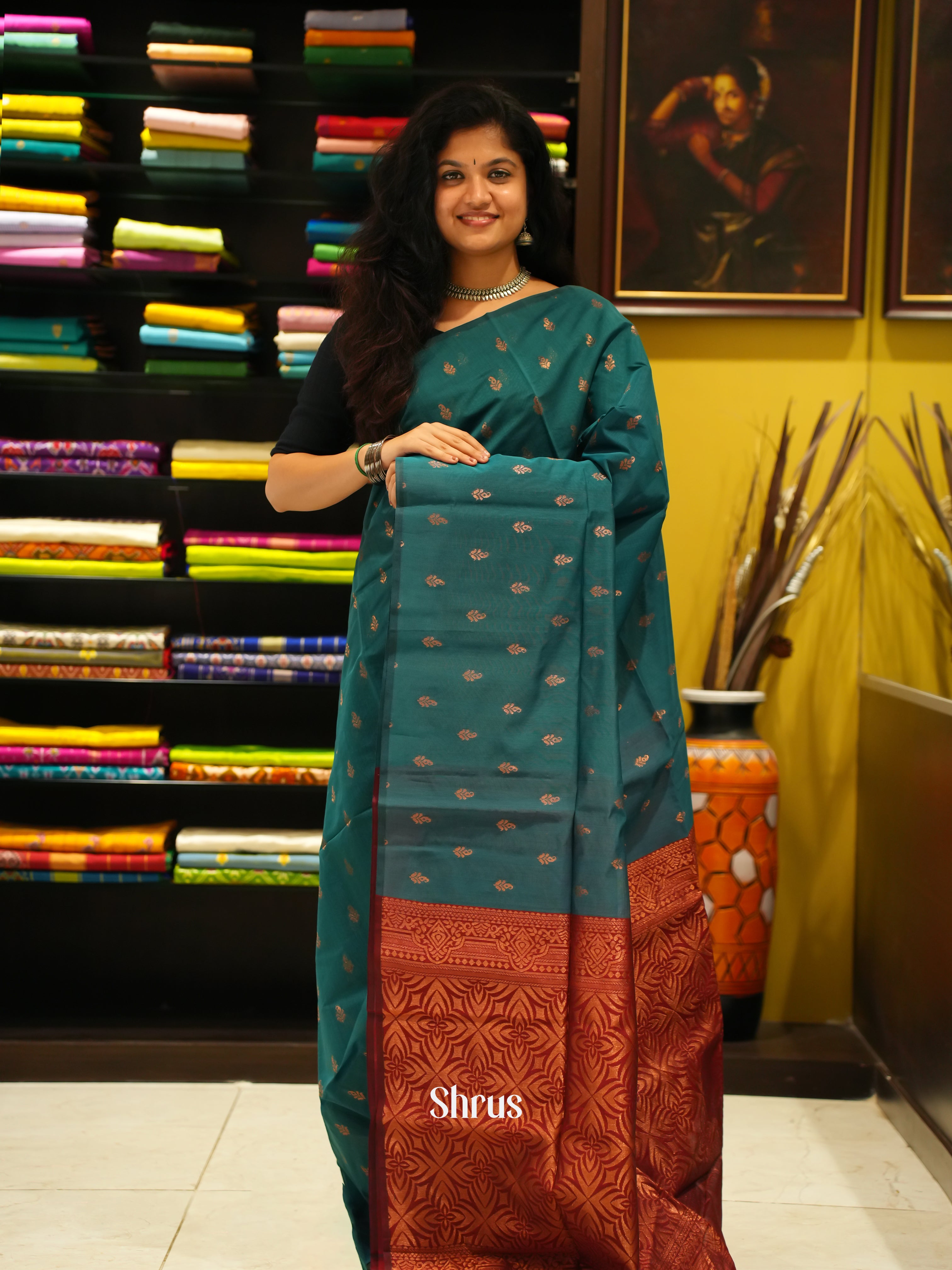 Green & Red - Semi Silkcotton Saree - Shop on ShrusEternity.com