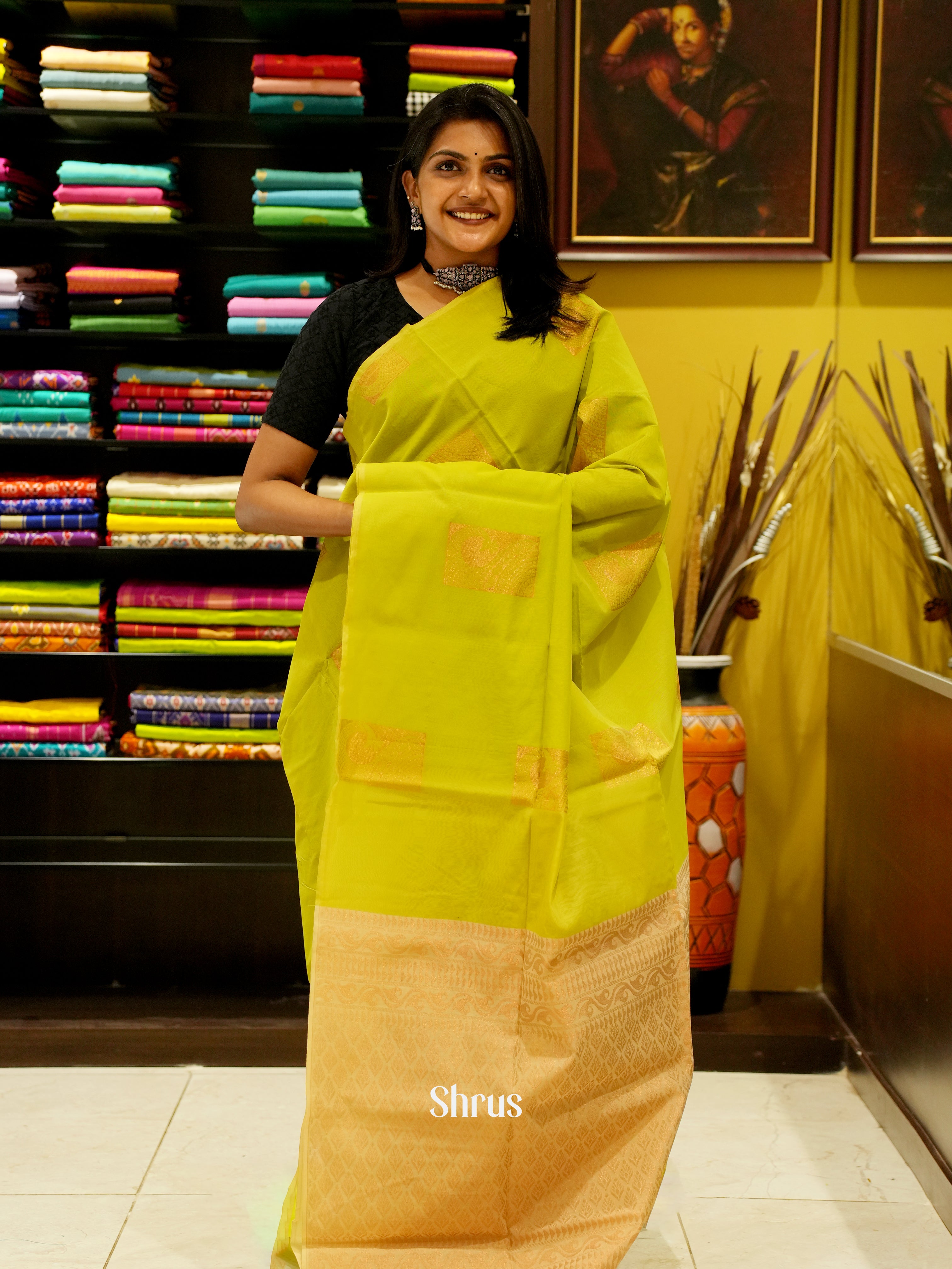 Green And Beige- Semi Silk Cotton Saree - Shop on ShrusEternity.com