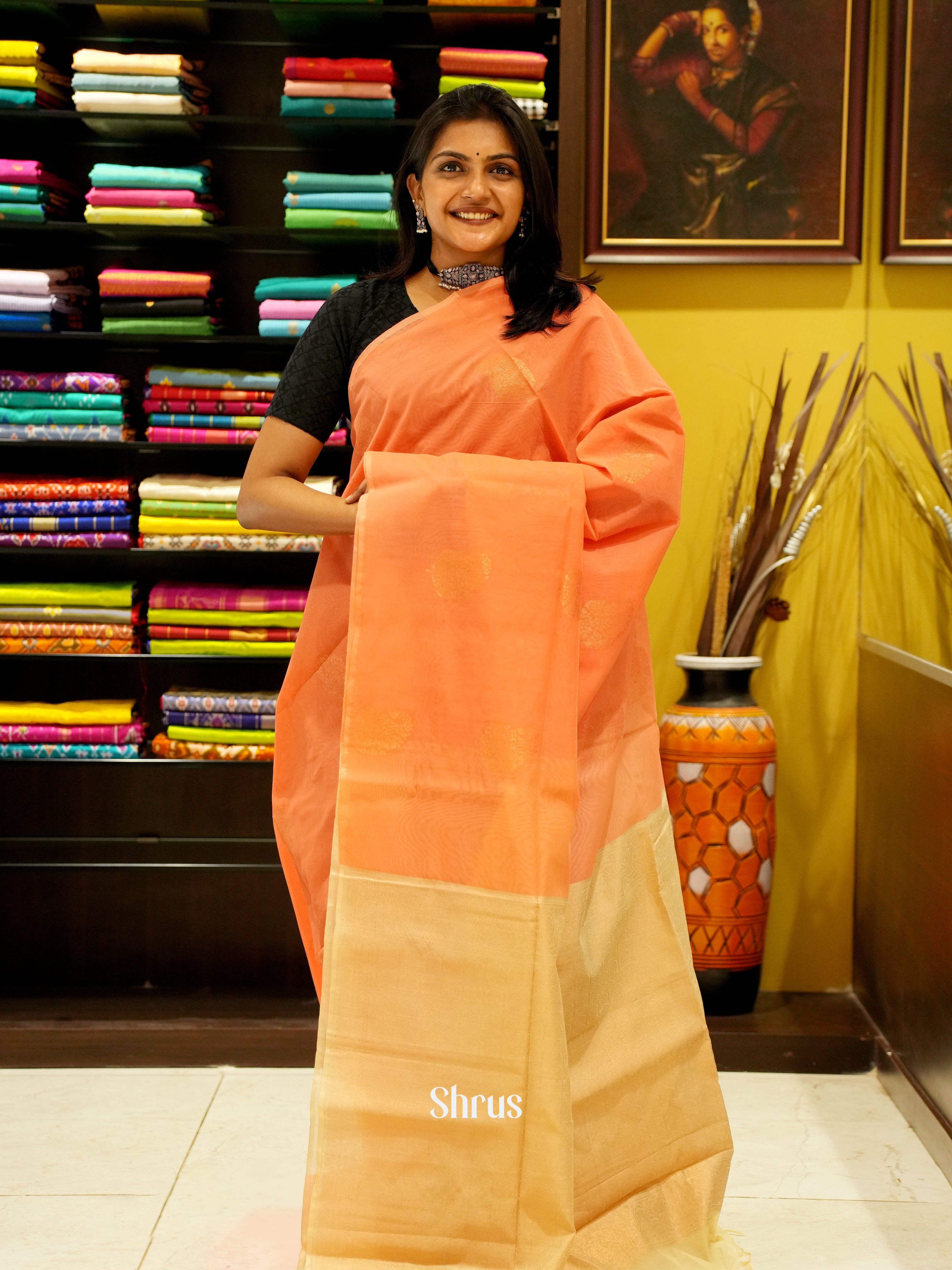 Orange And Beige- Semi Silk Cotton Saree - Shop on ShrusEternity.com