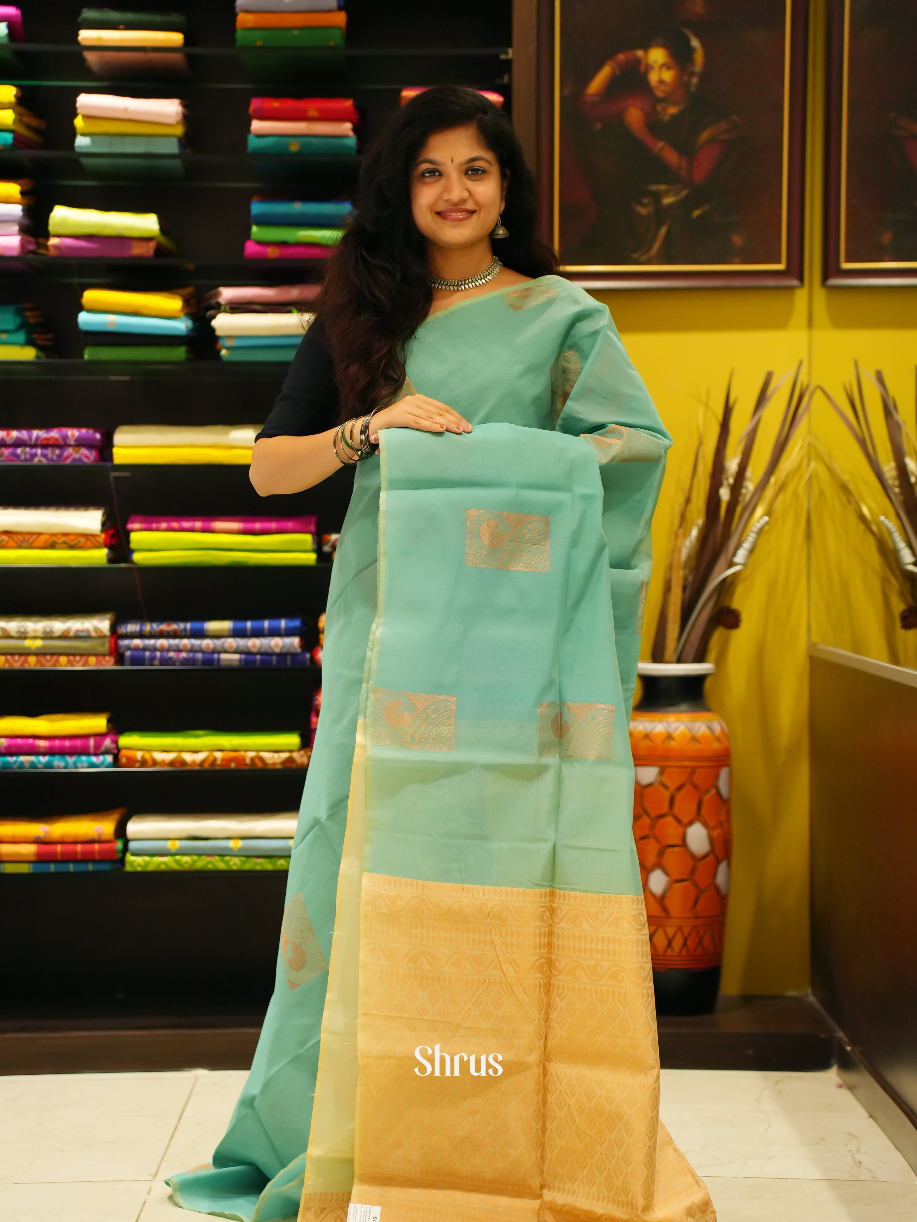 Green And Beige- Semi Silk Cotton Saree - Shop on ShrusEternity.com