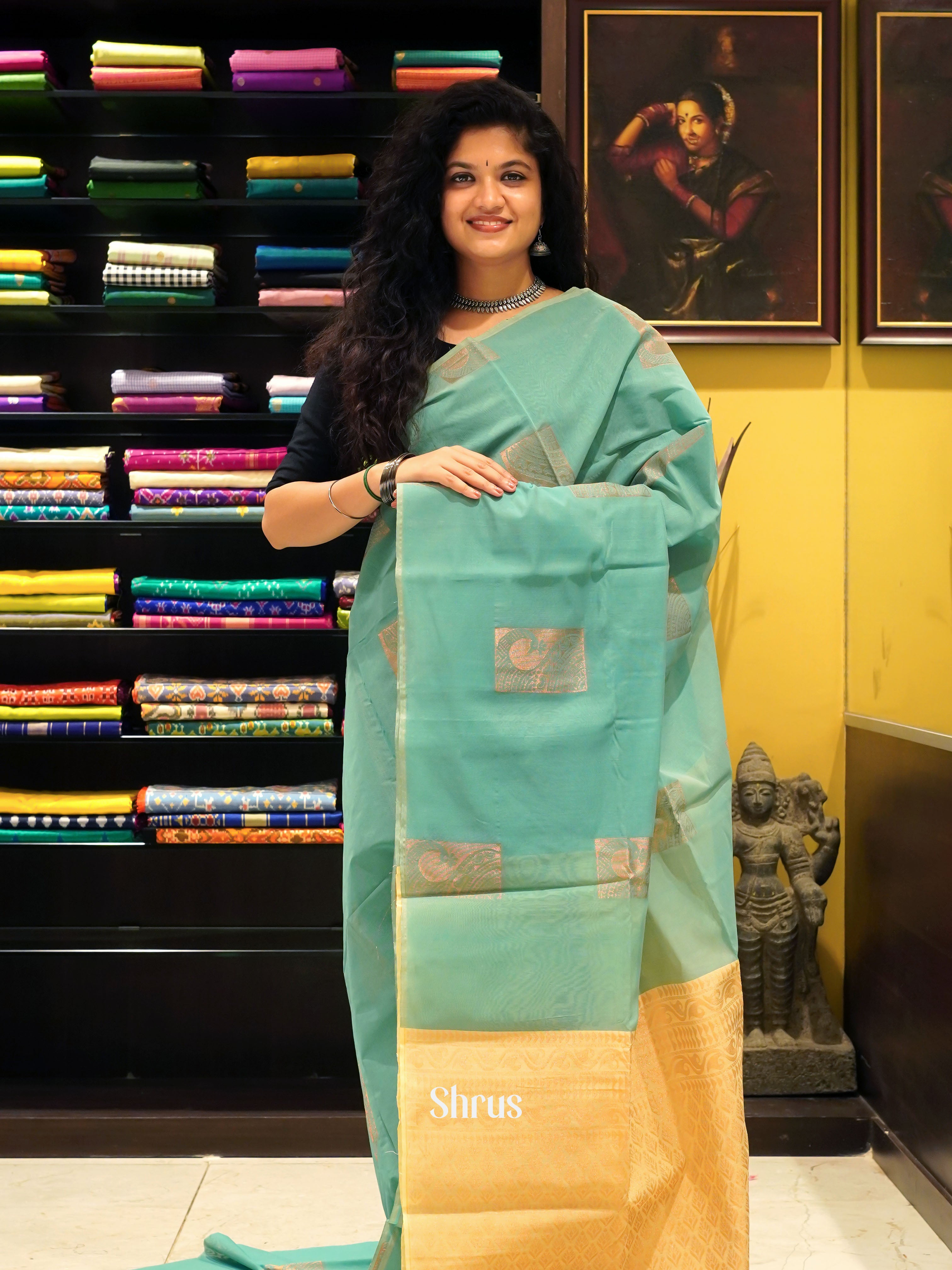 Green And Beige- Semi Silk Cotton Saree - Shop on ShrusEternity.com