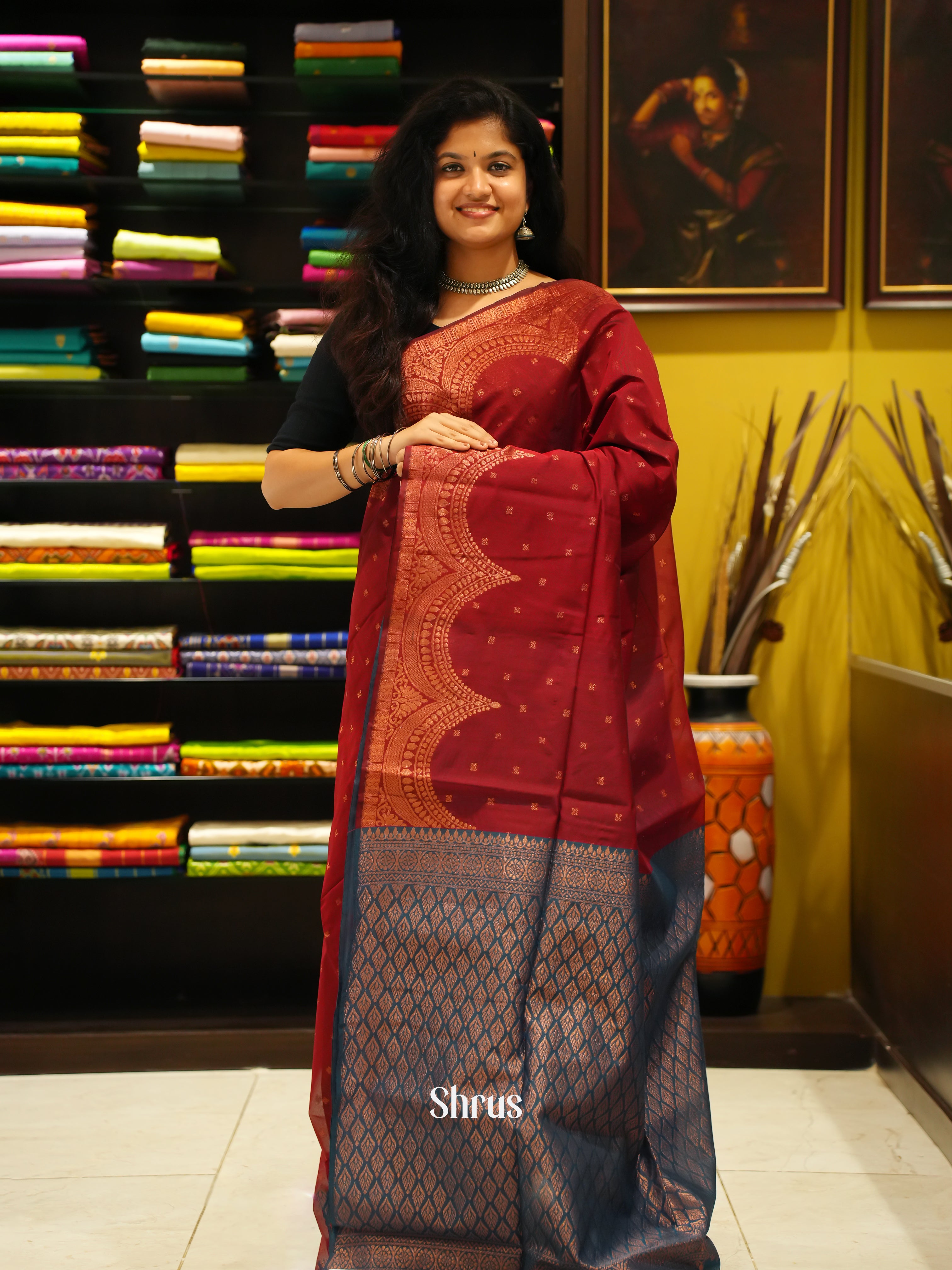 Maroon & Blue - Semi Silk cotton Saree - Shop on ShrusEternity.com