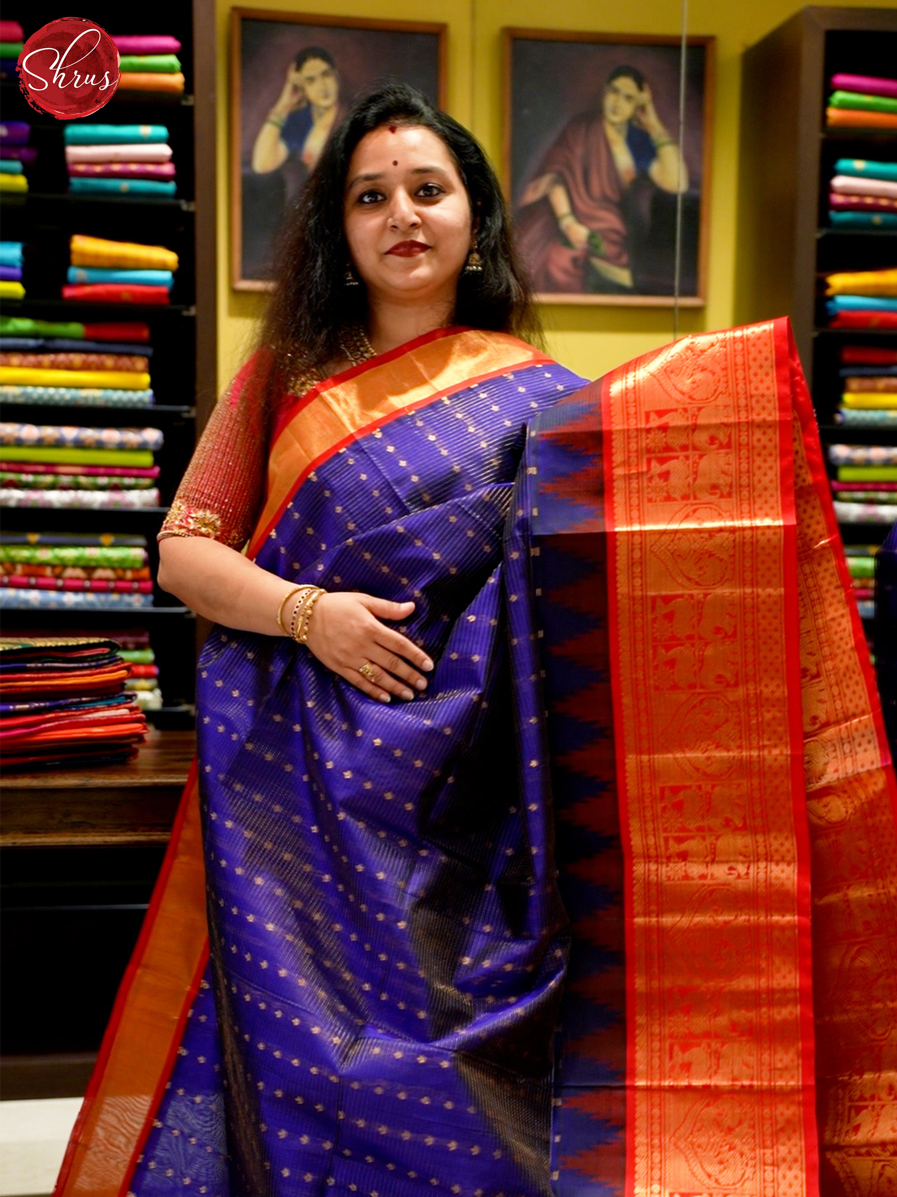 Blue And Red- Silk Cotton Saree - Shop on ShrusEternity.com