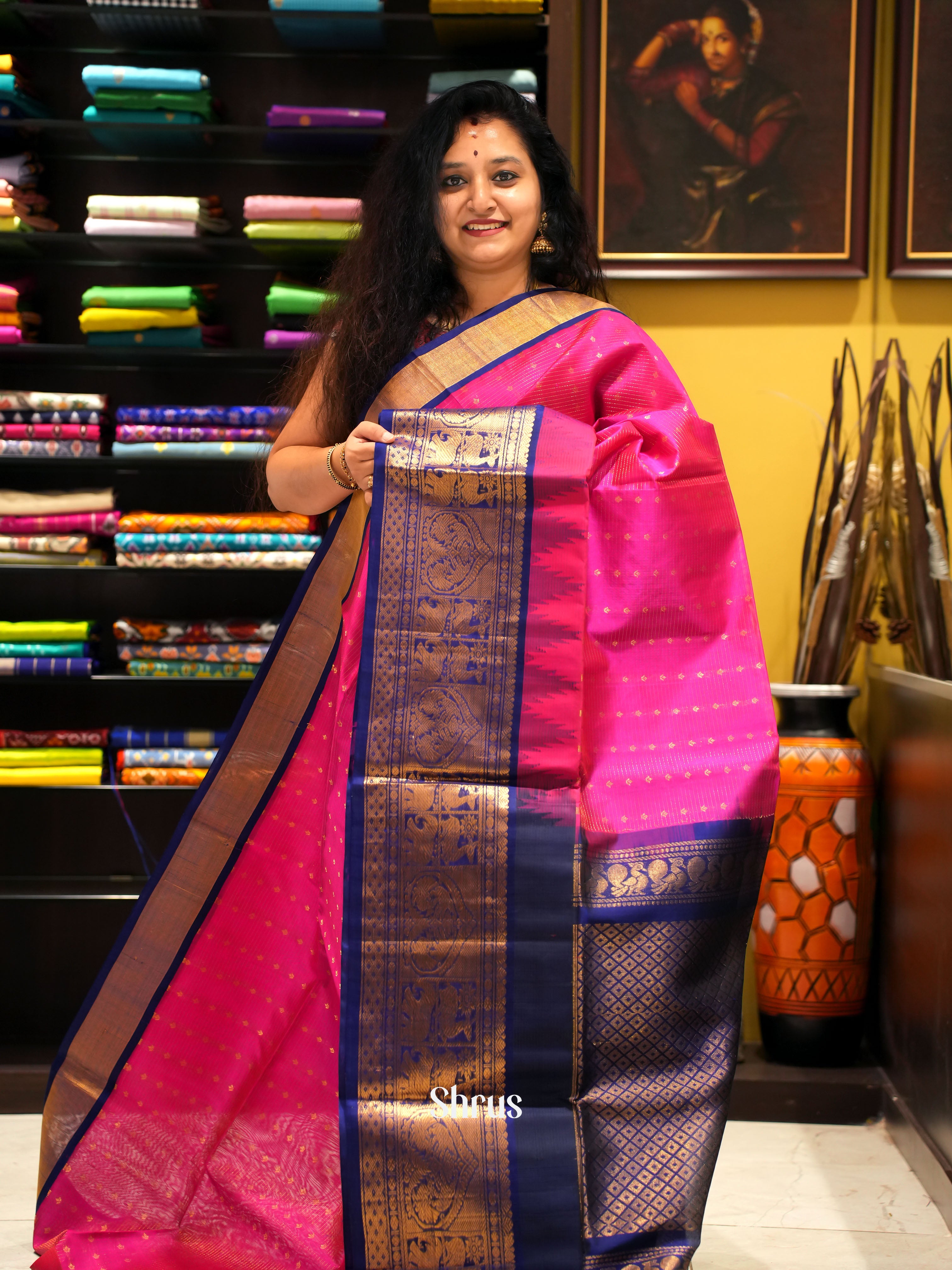 Pink And Blue- Silk Cotton saree - Shop on ShrusEternity.com