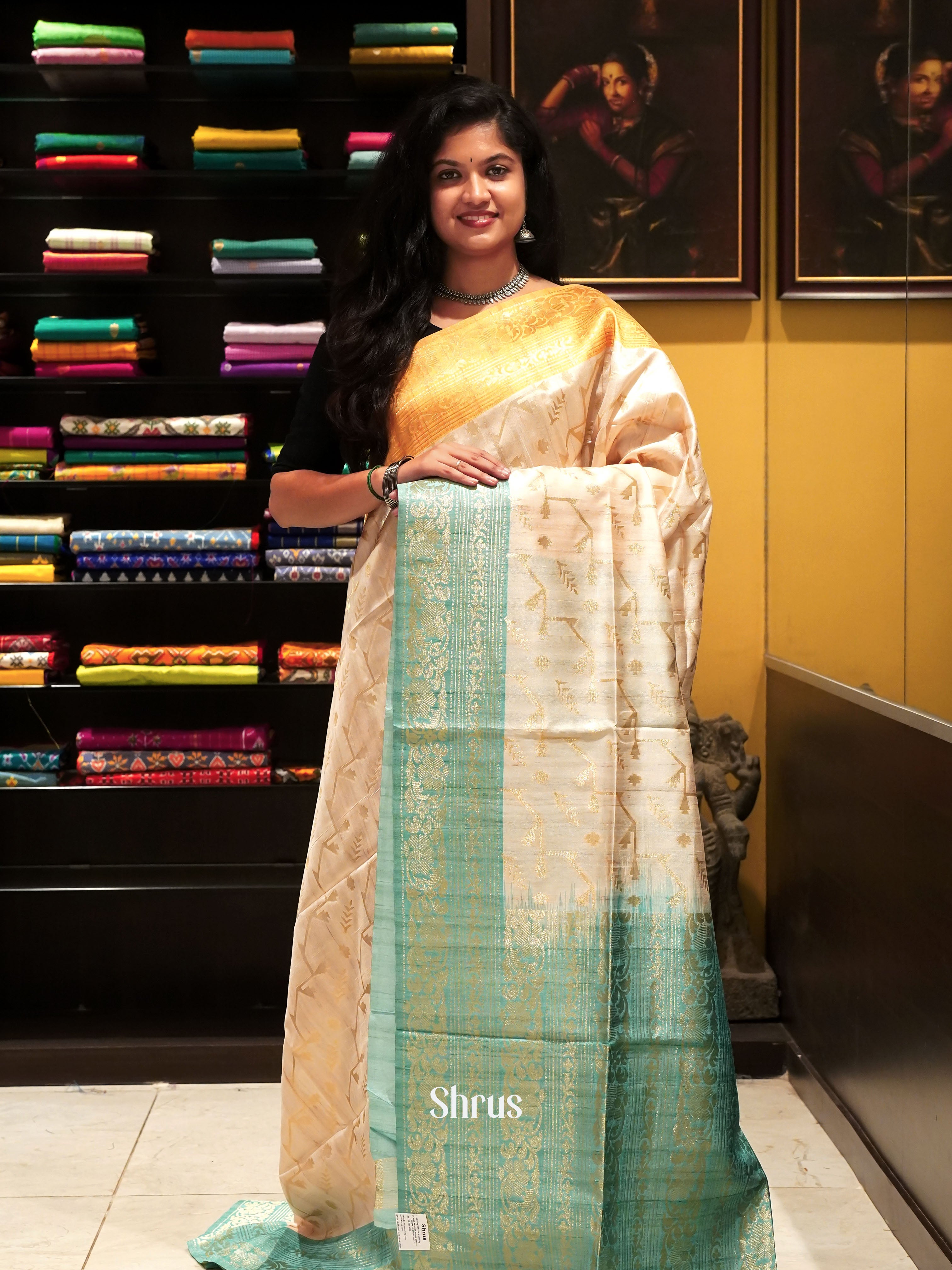 Cream Blue And Mustard- Semi Raw Silk Saree - Shop on ShrusEternity.com