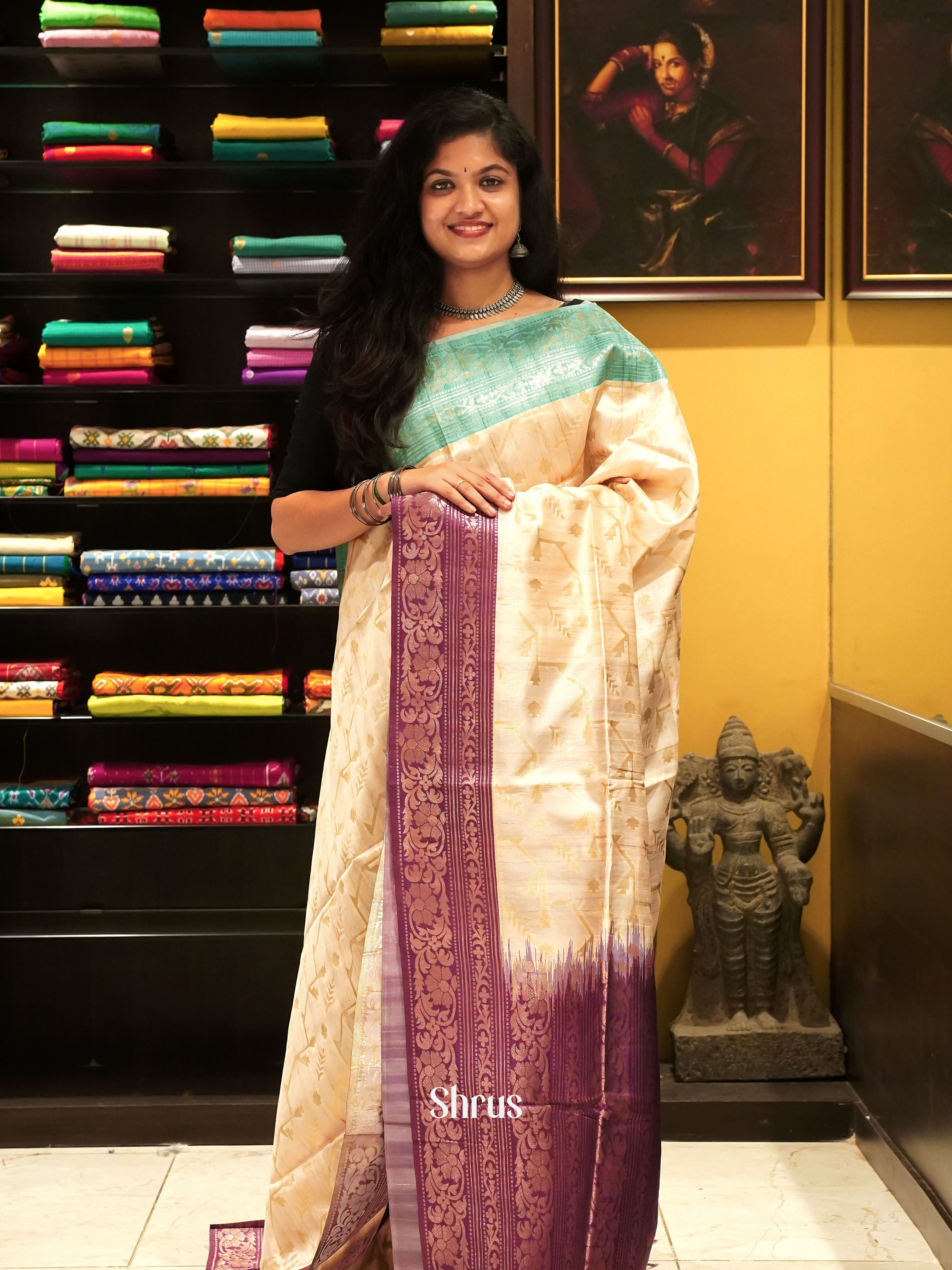 Cream Wine And Blue- Semi Raw Silk Saree - Shop on ShrusEternity.com