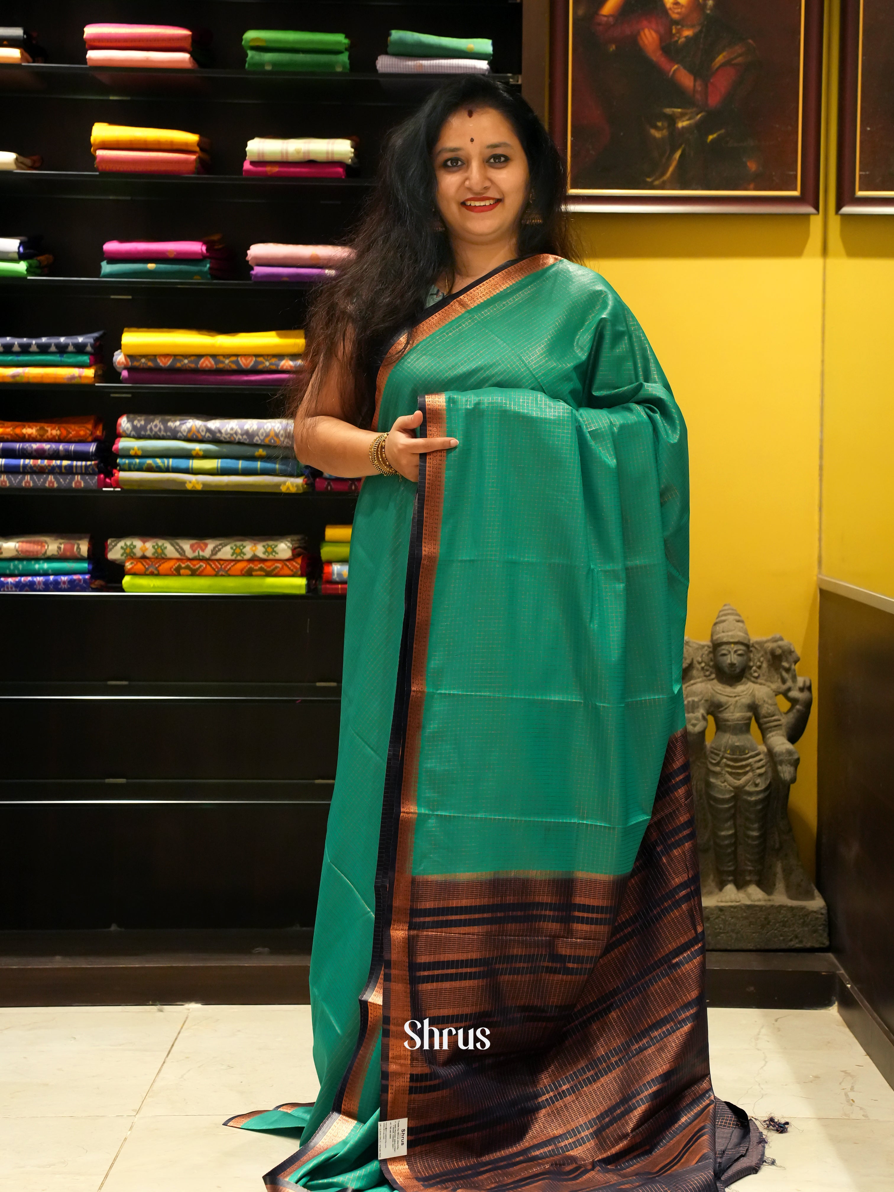 Green & Blue - Semi Mysore silk Saree - Shop on ShrusEternity.com