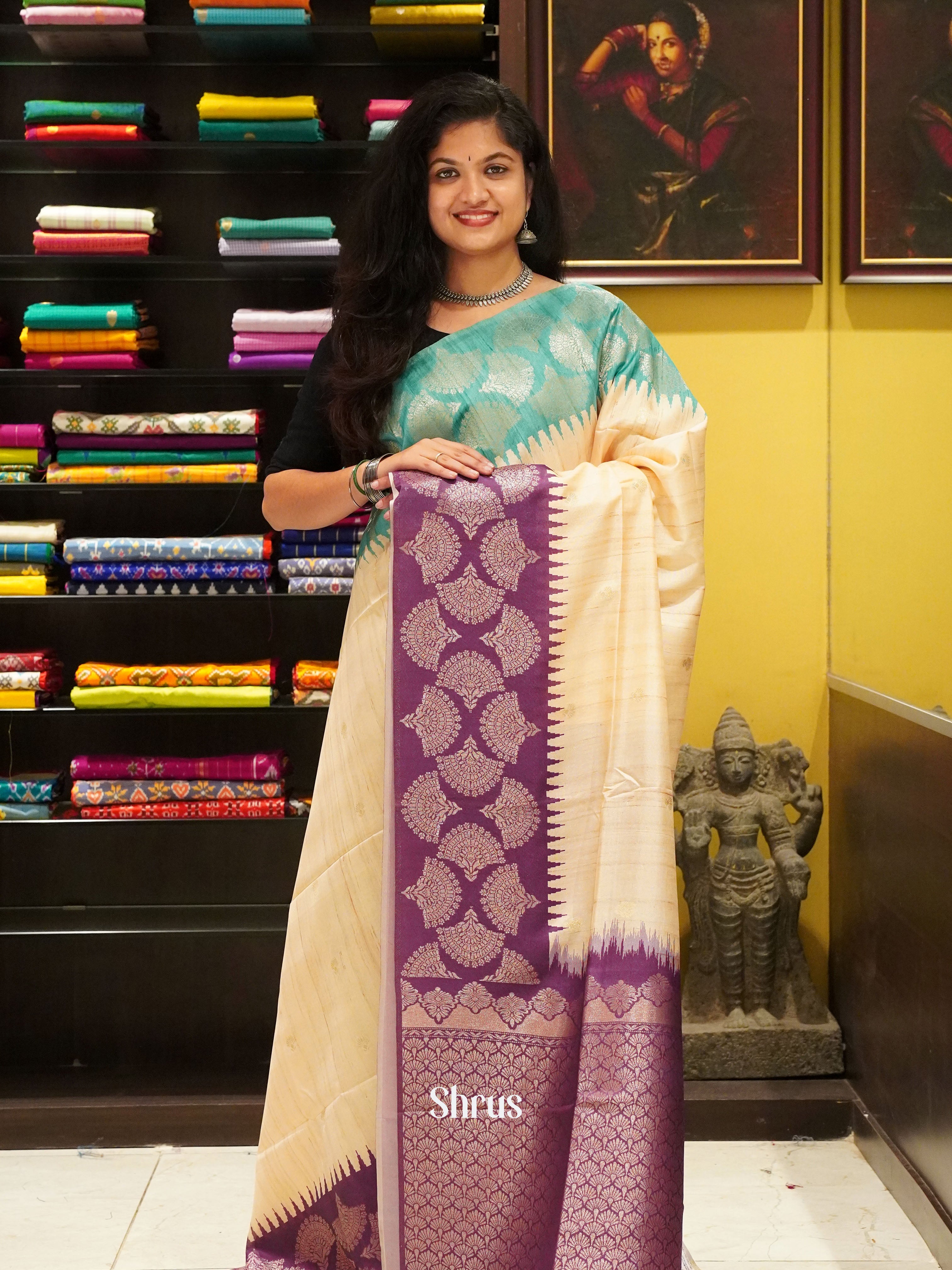 Beige Wine And Blue- Semi Raw Silk Saree - Shop on ShrusEternity.com