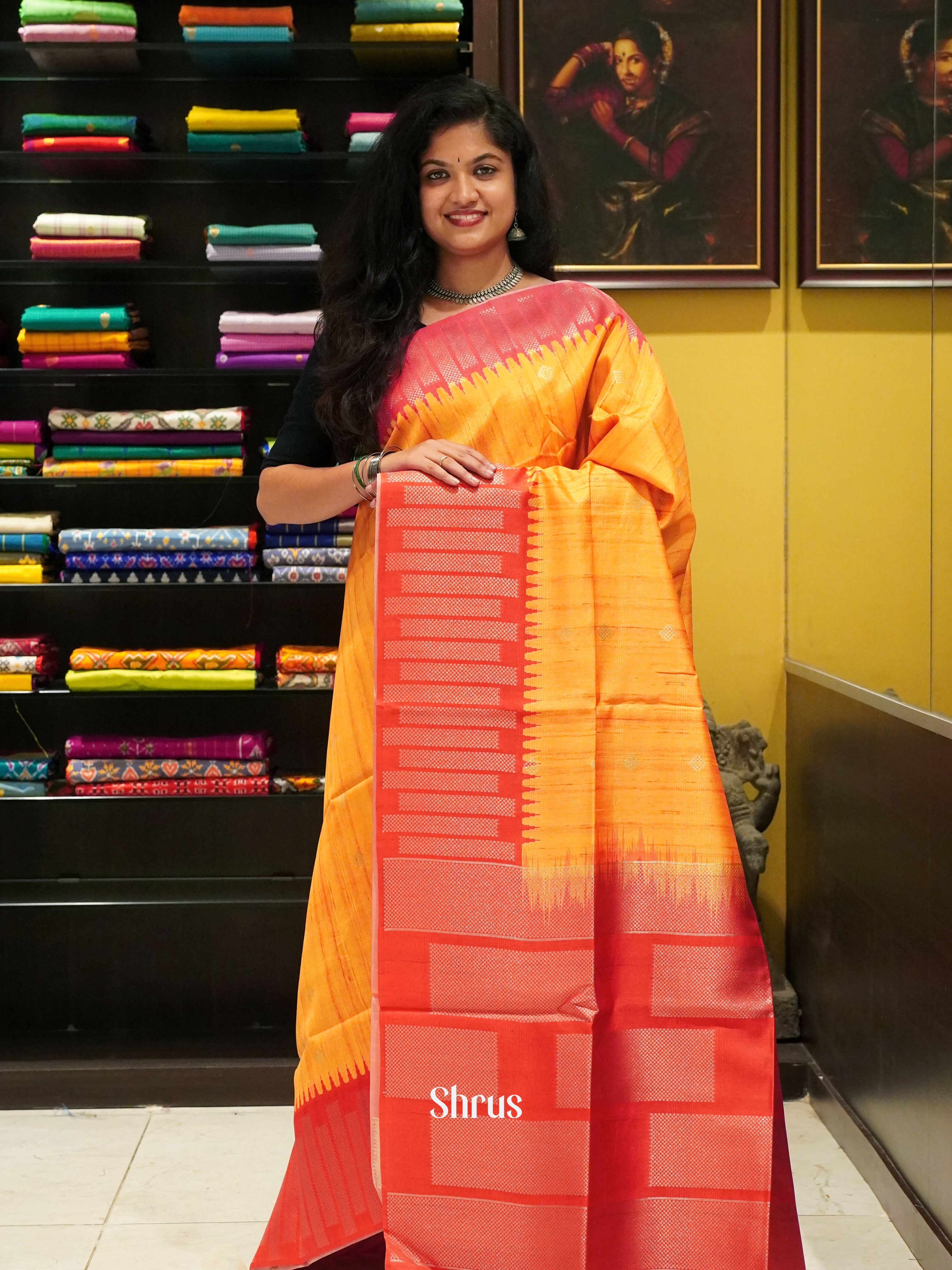 Mustard Red And Pink- Semi Raw Silk Saree - Shop on ShrusEternity.com