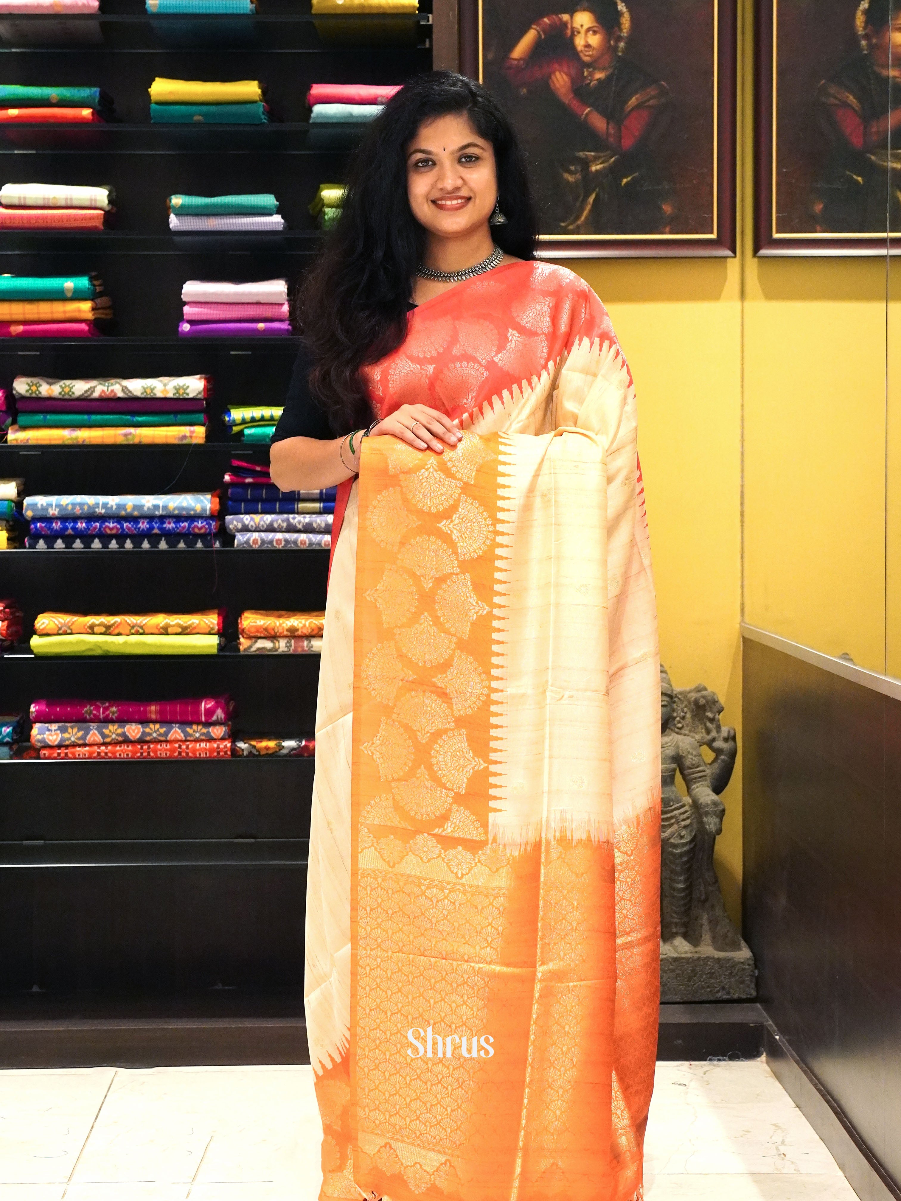 Beige Orange And Pink- Semi Raw Silk Saree - Shop on ShrusEternity.com