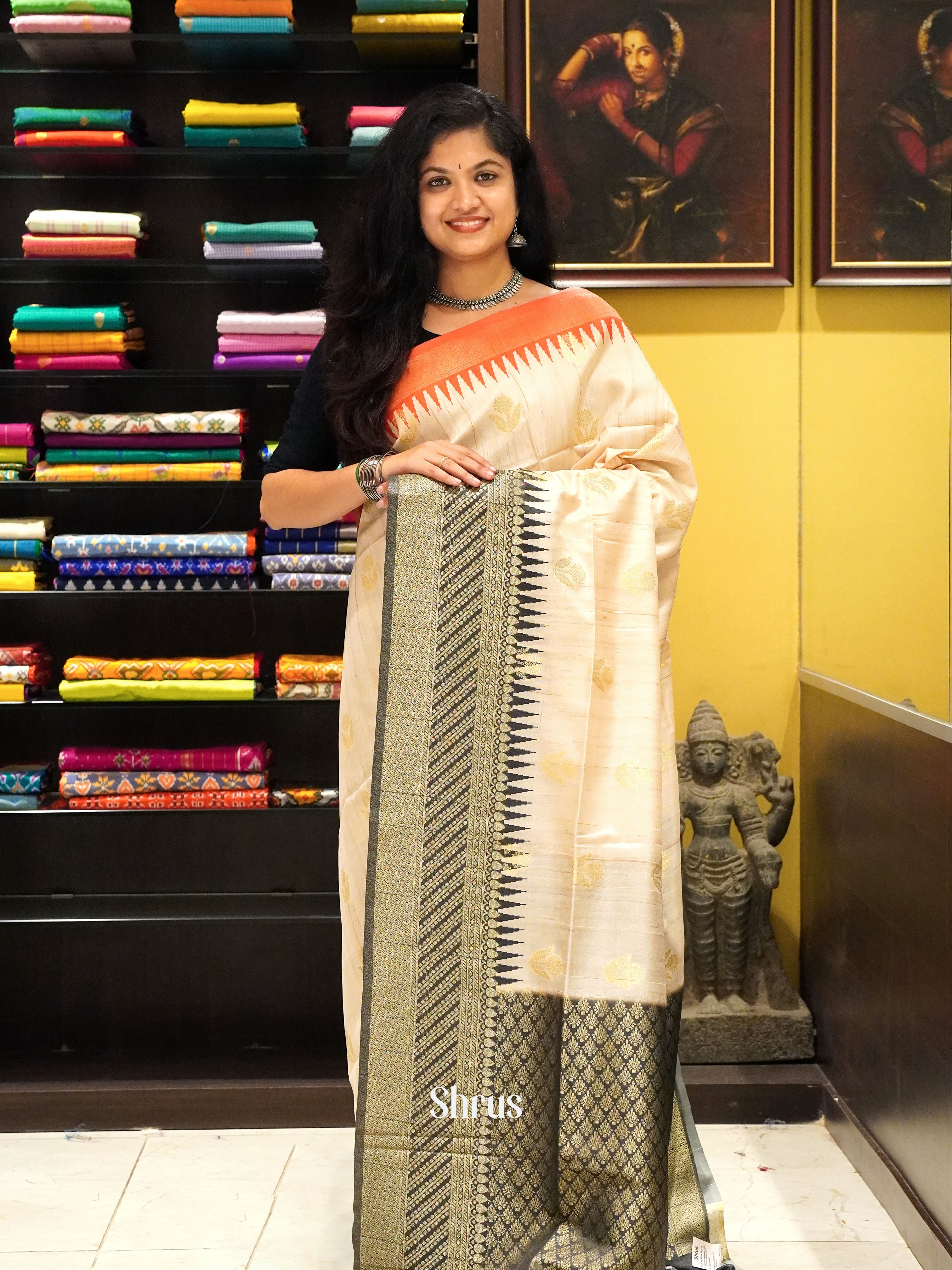 Beige Black And Red- Semi Raw Silk Saree - Shop on ShrusEternity.com