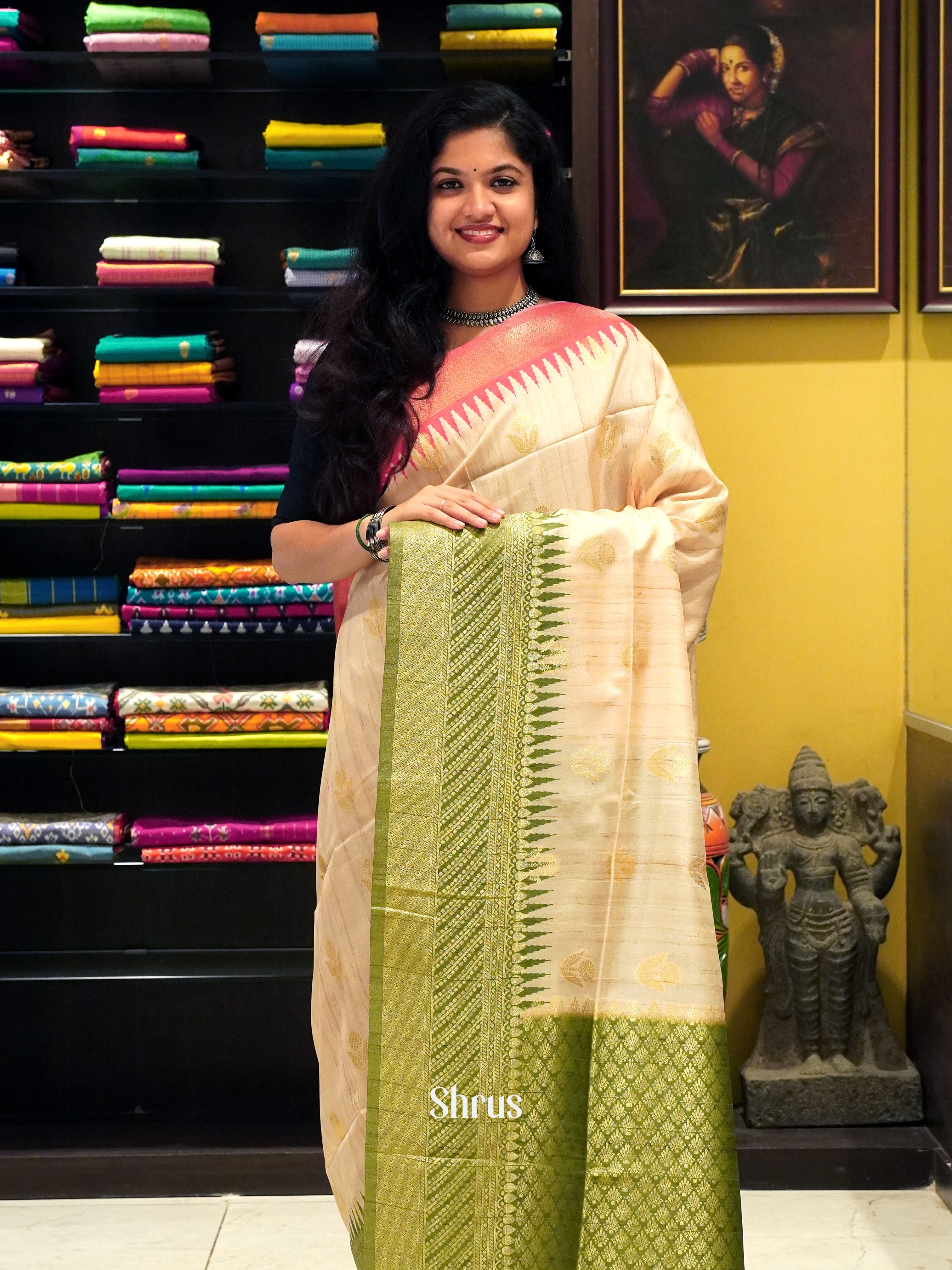 Cream Green And Pink- Semi Raw Silk Saree - Shop on ShrusEternity.com