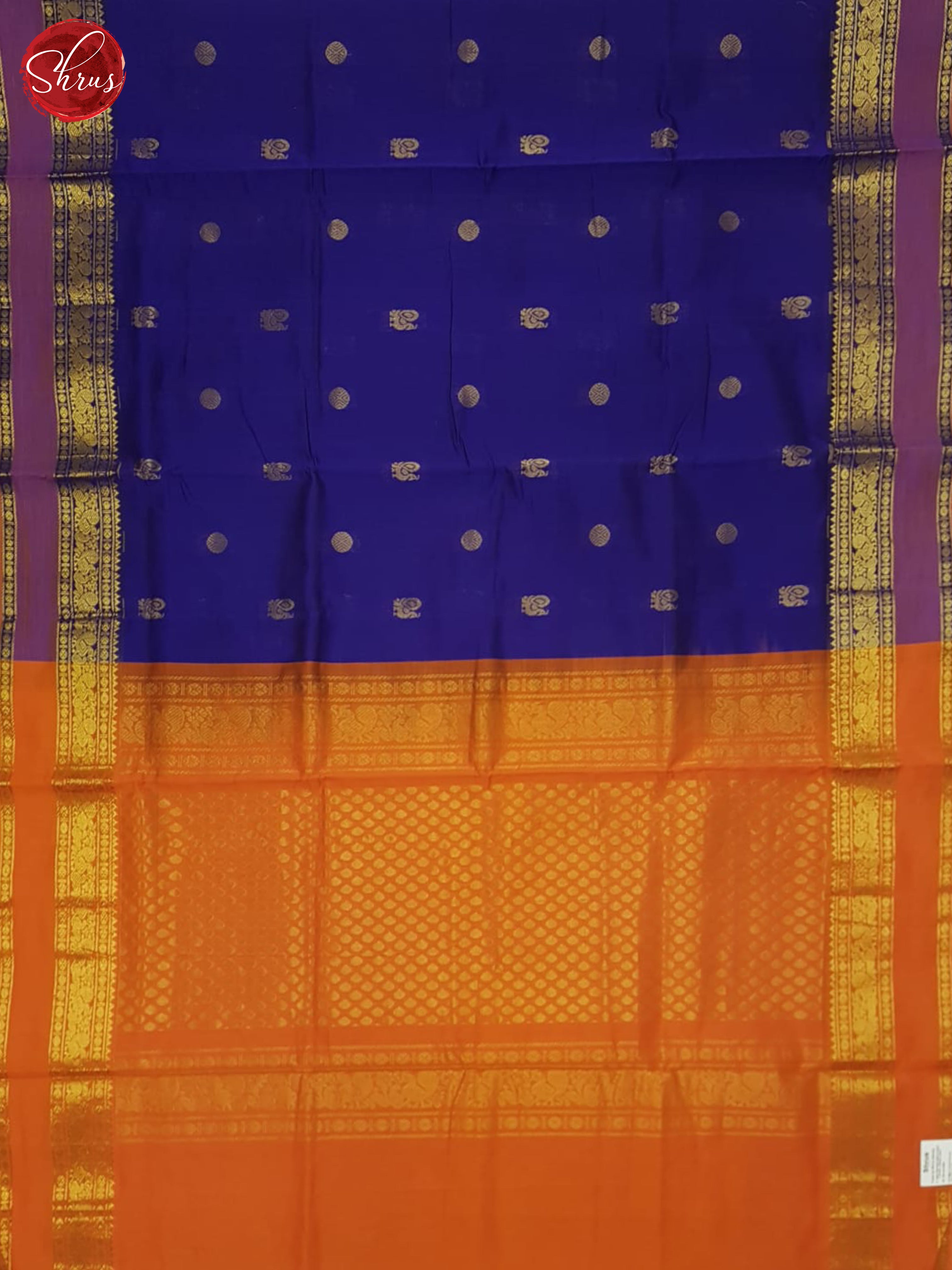Blue And Orange- Silk Cotton Half-pure Saree - Shop on ShrusEternity.com