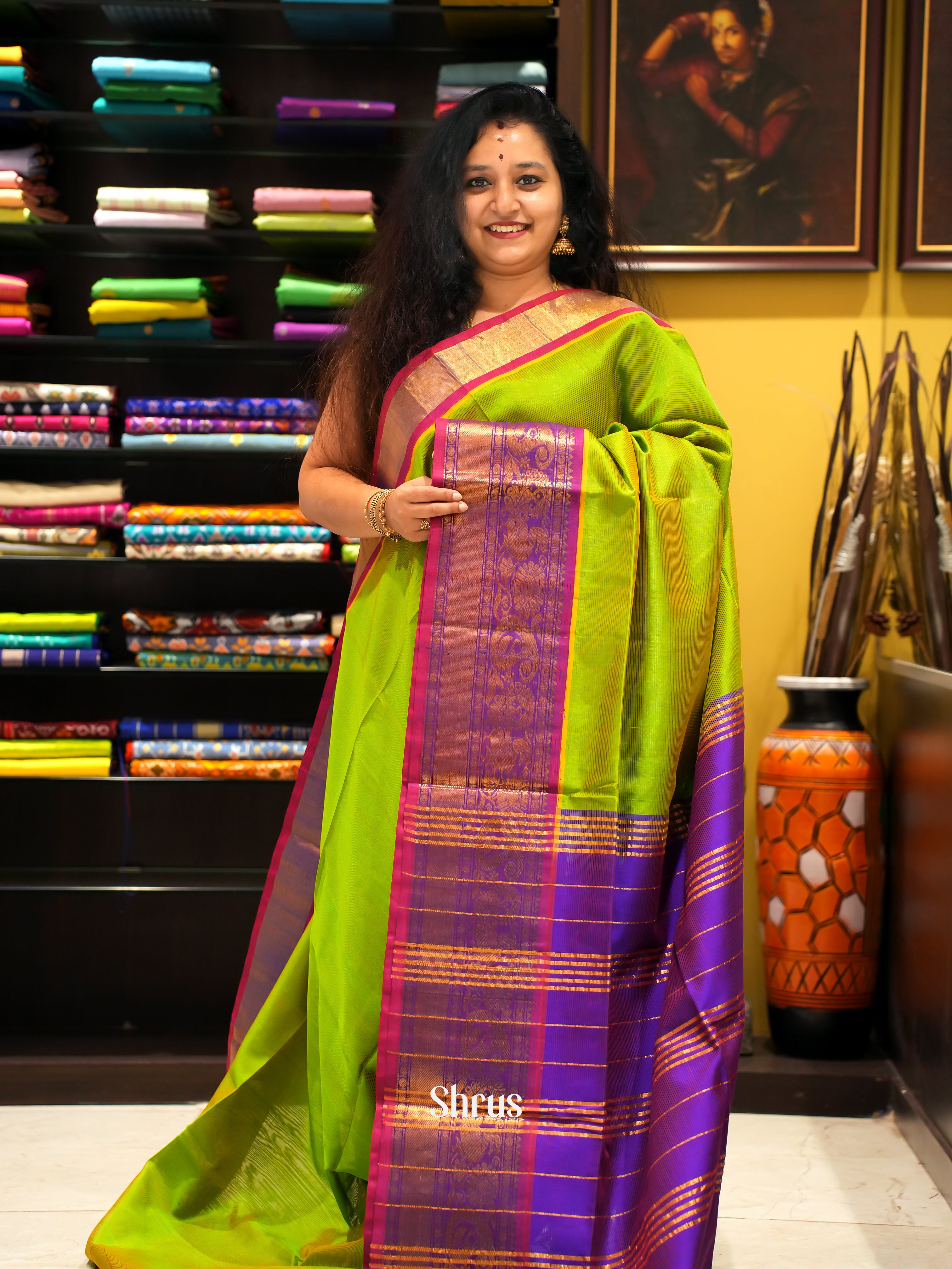 Green And Purple- Silk Cotton Saree - Shop on ShrusEternity.com