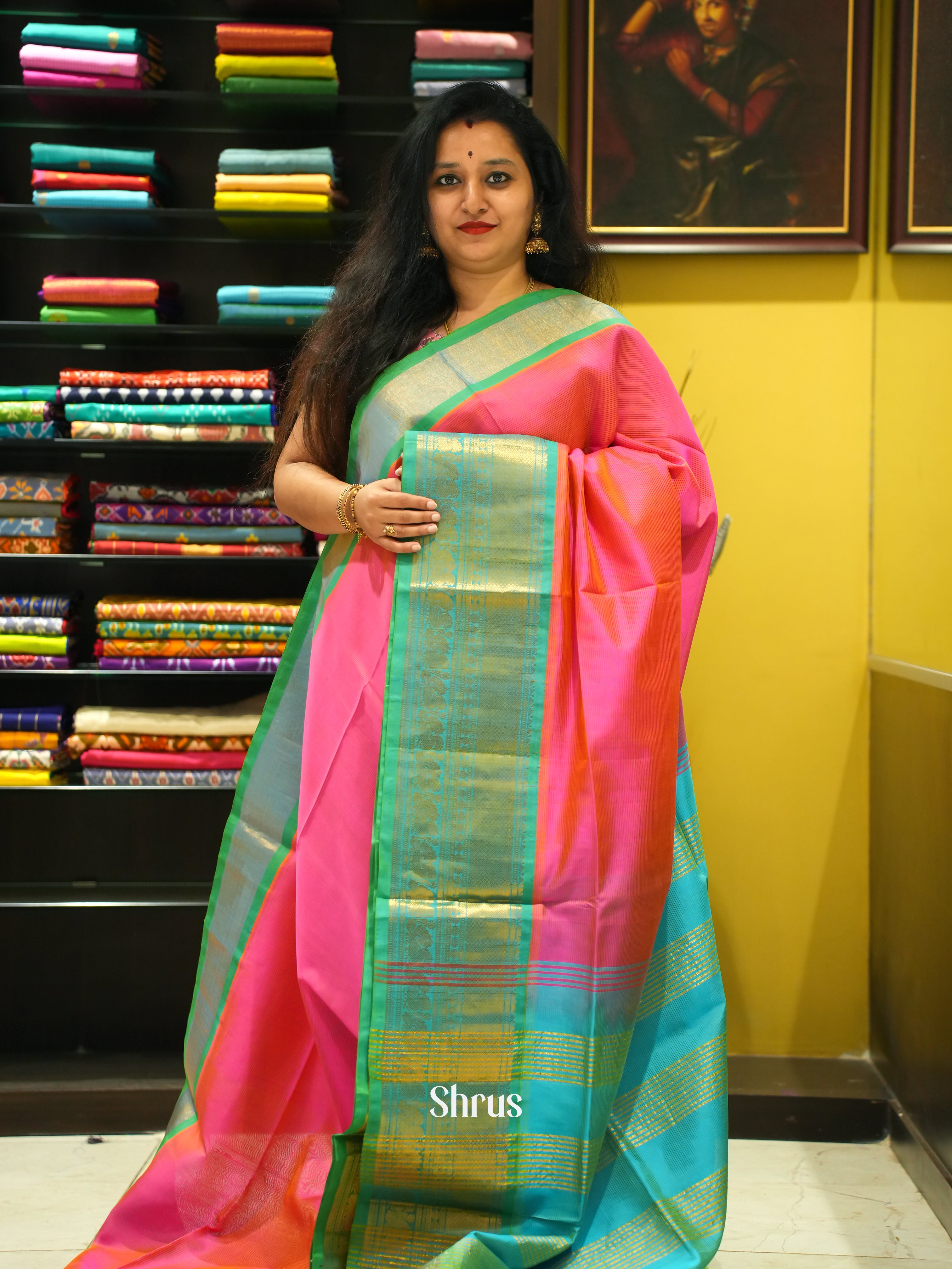 Pink And Green- Silk Cotton Saree - Shop on ShrusEternity.com